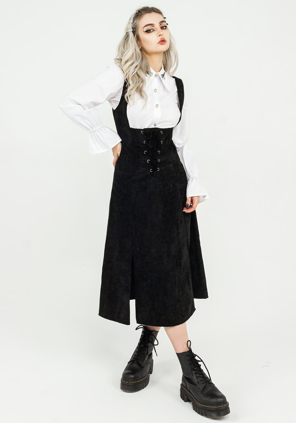 corset pinafore dress Valar Lace Up Midi Pinafore Dress