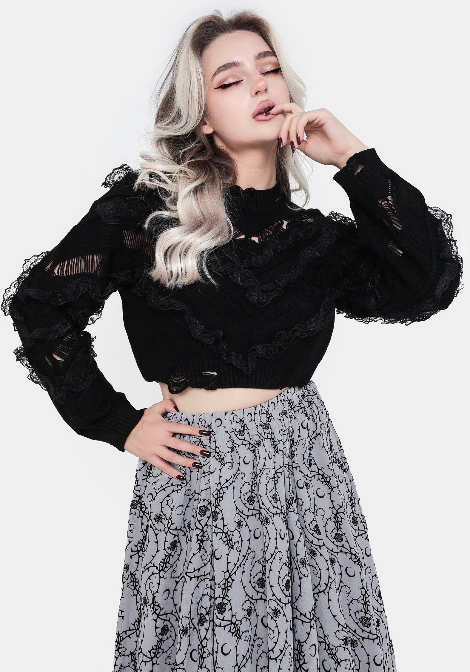 Volla Lace Ruffle Distressed Knit Crop Sweater | Disturbia - Shop
