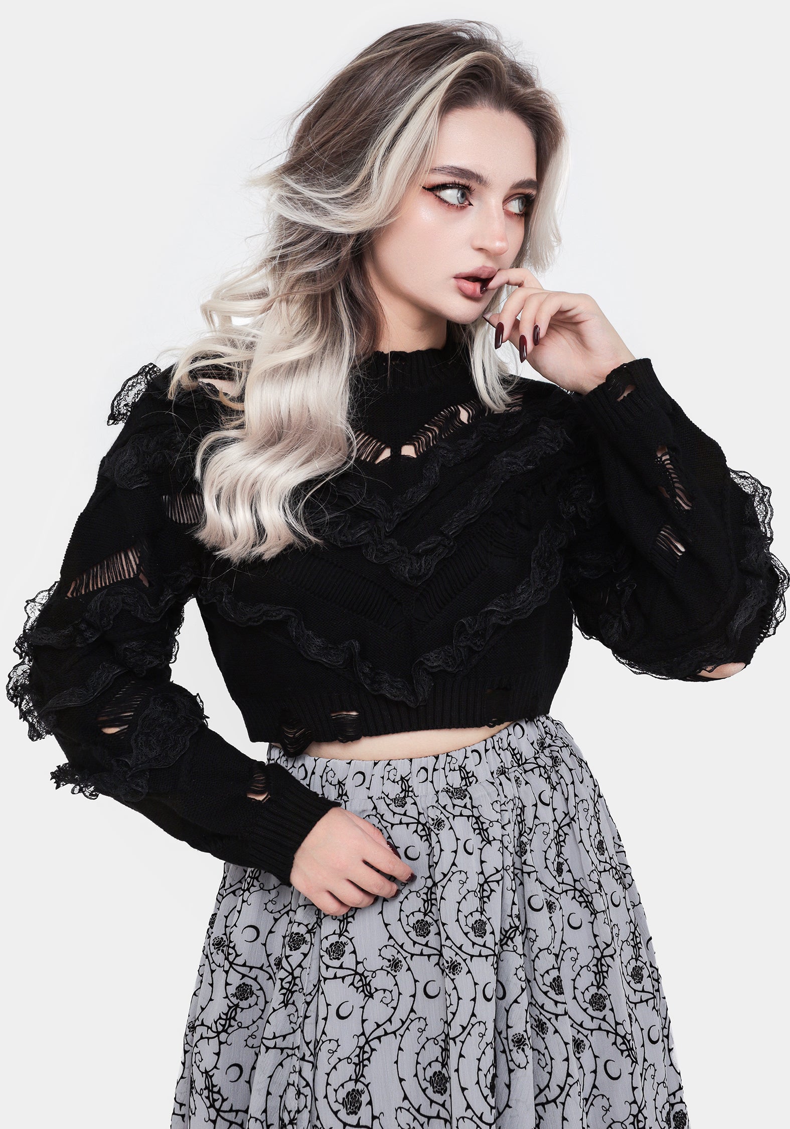 Volla Lace Ruffle Distressed Knit Crop Sweater | Disturbia - Shop