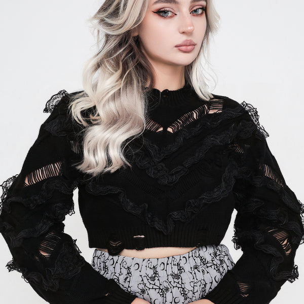 Volla Lace Ruffle Distressed Knit Crop Sweater | Disturbia - Shop