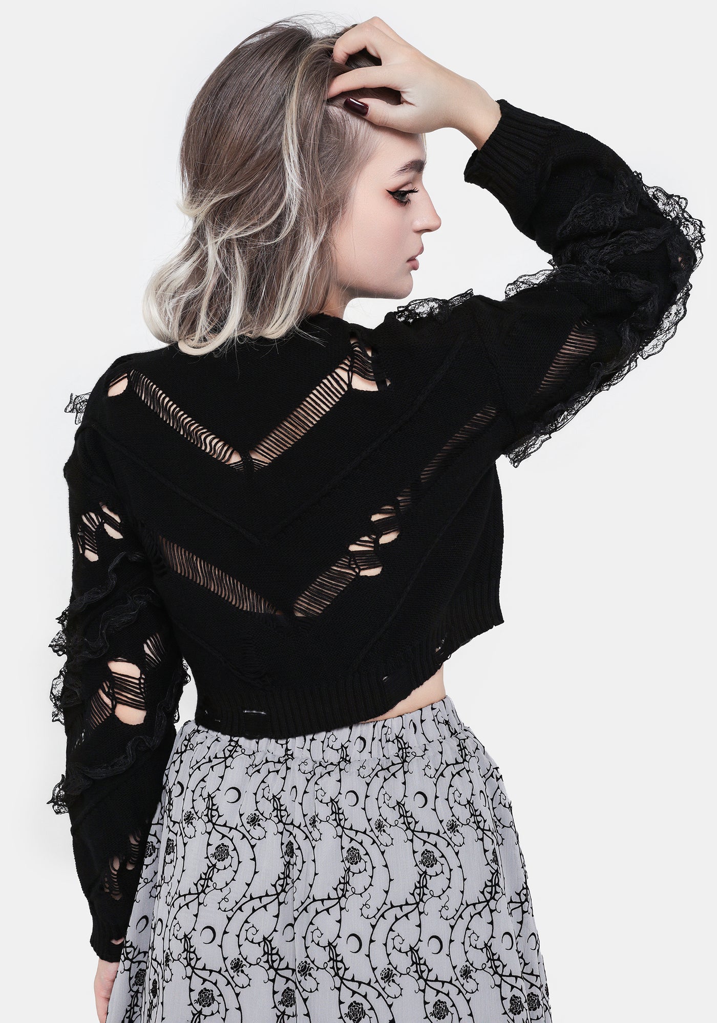 Volla Lace Ruffle Distressed Knit Crop Sweater | Disturbia - Shop
