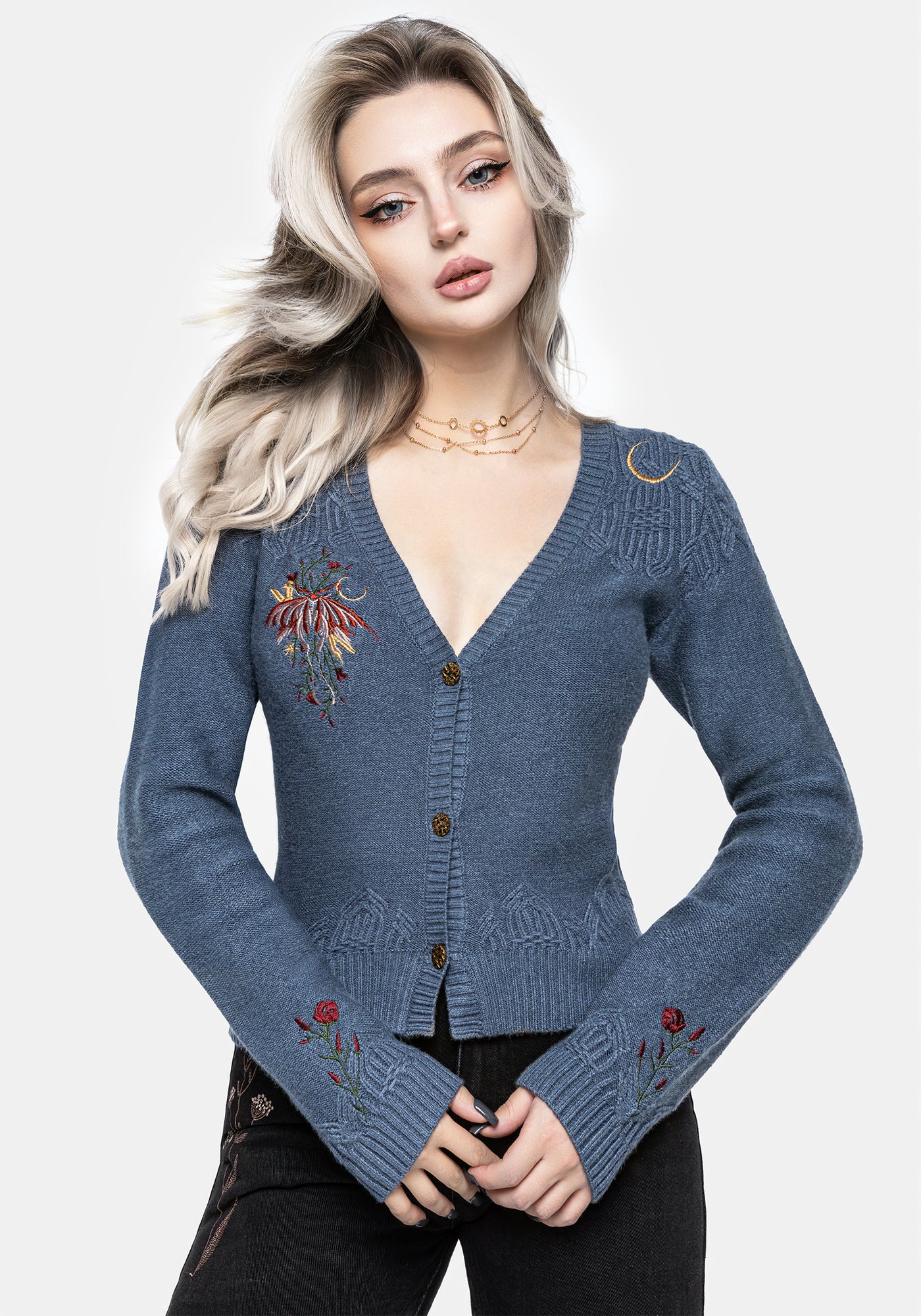 Selenia Moth Embroidered Cable Twist Knit Cardigan | Disturbia