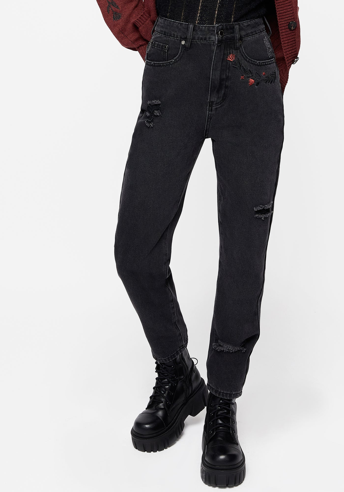 Foxfire Embroidered Distressed Mom Jeans | Disturbia - Shop