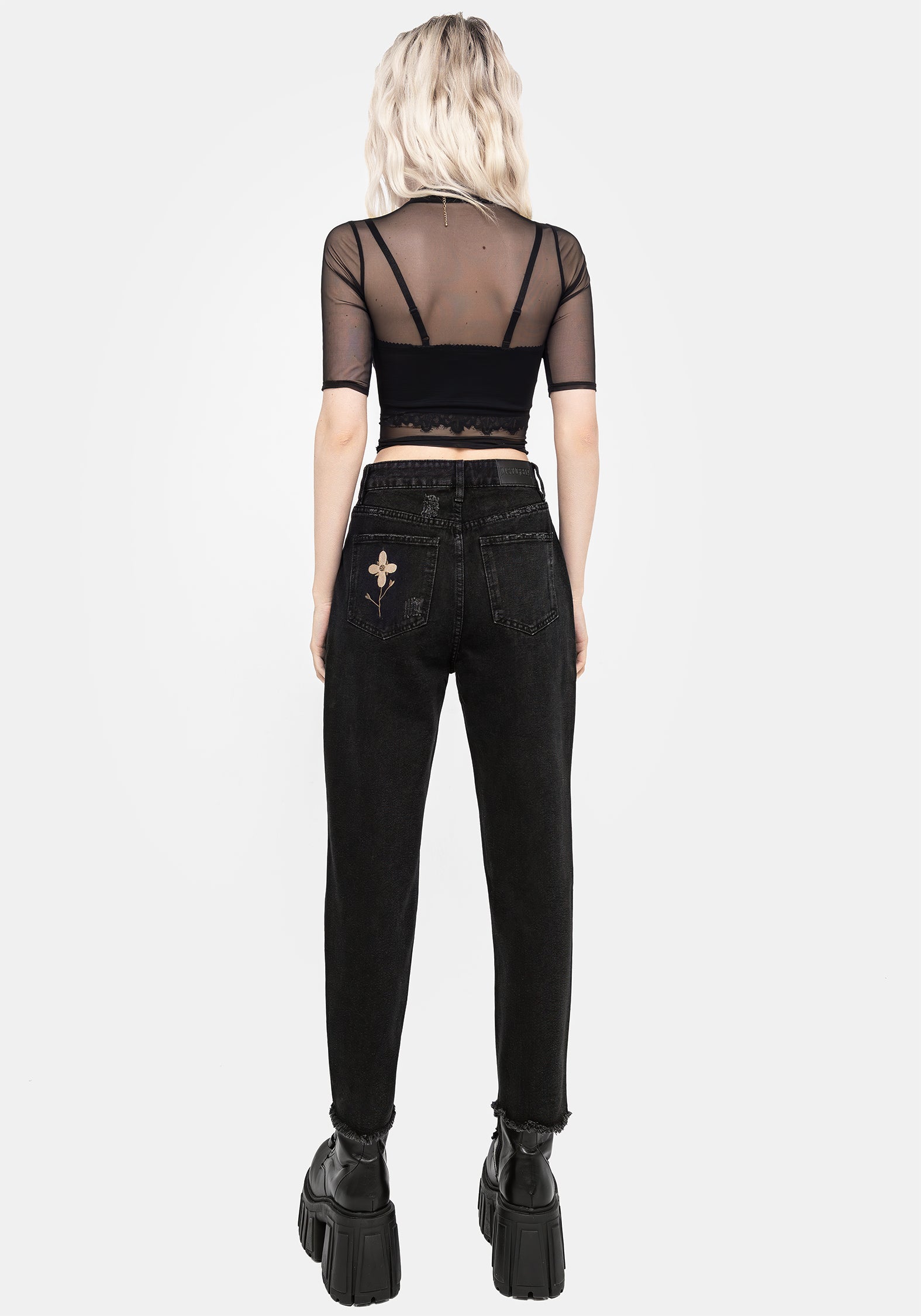 Griffinfly Embroidered Distressed Denim Mom Jeans | Disturbia