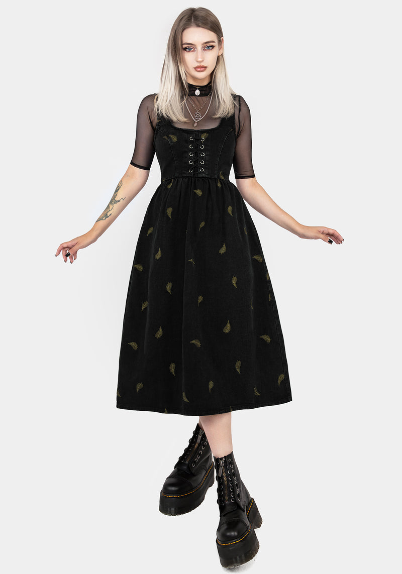 Osmunda Fern Embroidered Lace Up Midi Pinafore Dress Osmunda Fern Embroidered Lace Up Midi Pinafore Dress