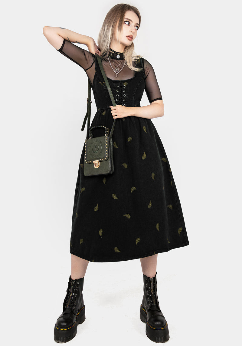 Osmunda Fern Embroidered Lace Up Midi Pinafore Dress Osmunda Fern Embroidered Lace Up Midi Pinafore Dress