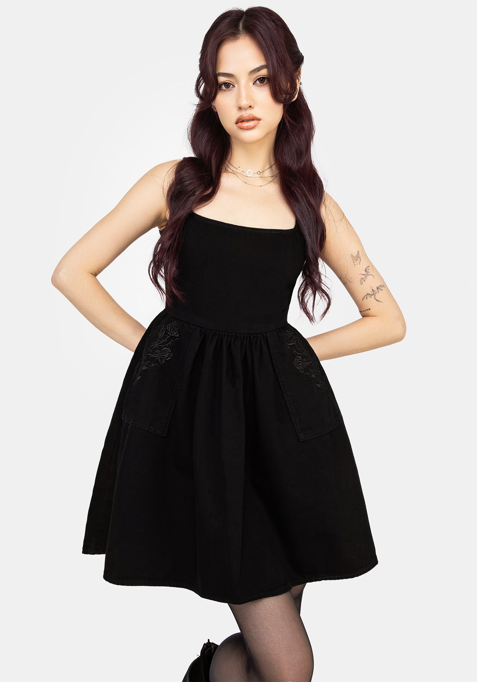 Deadhead Rose Embroidered Denim Mini Smock Dress | Disturbia