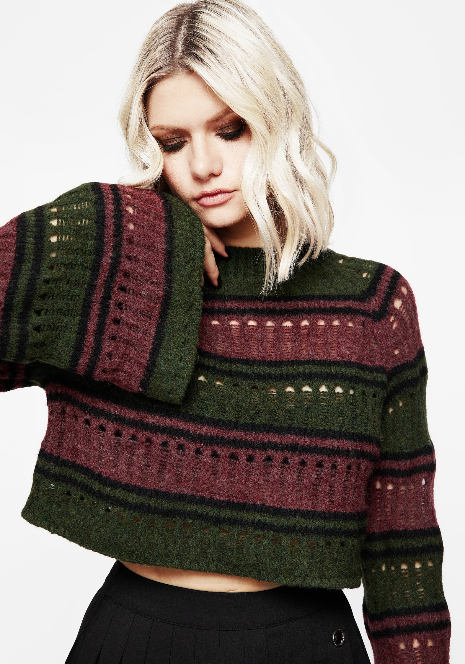 Splinter Stripe Knit Flare Sleeve Crop Sweater | Disturbia - Shop