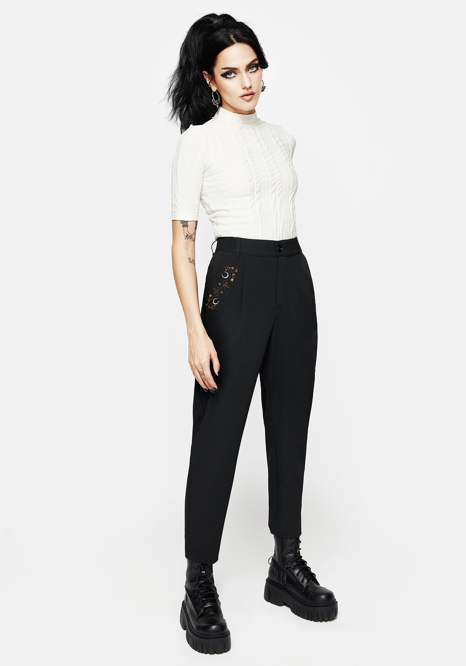 Japonica Floral Moon Embroidered Tapered Trousers | Disturbia