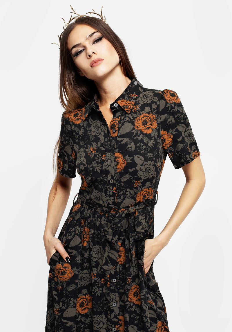 Mortify Floral Print Midi Shirt Dress | Disturbia - Shop Women's Gothic, Alternative & Dark Romantic Fashion, Accessories & Homeware Mortify Floral Print Midi Shirt Dress | Disturbia - Shop Women's Gothic, Alternative & Dark Romantic Fashion, Accessories & Homeware