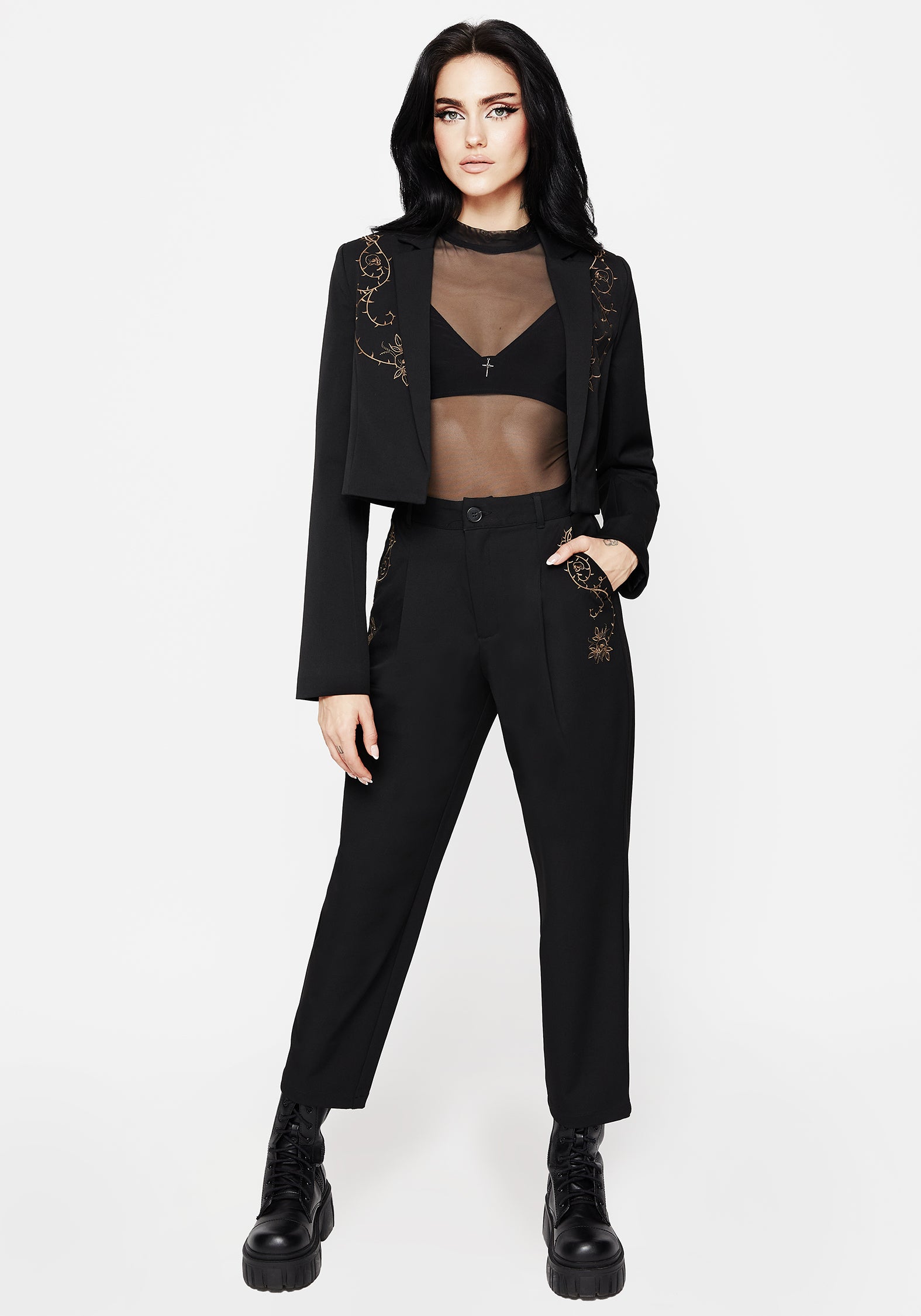 Vanitas Thorn Embroidered Crop Blazer | Disturbia - Shop Women's