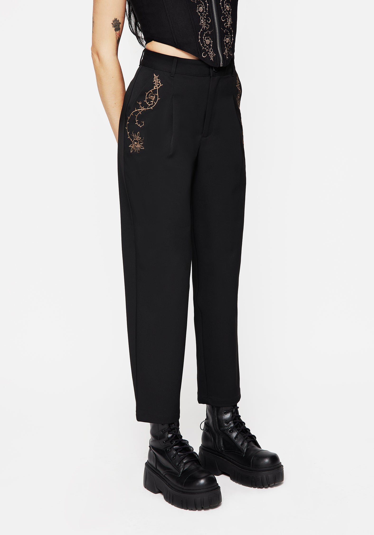 Vanitas Thorn Embroidered Tapered Trousers | Disturbia - Shop