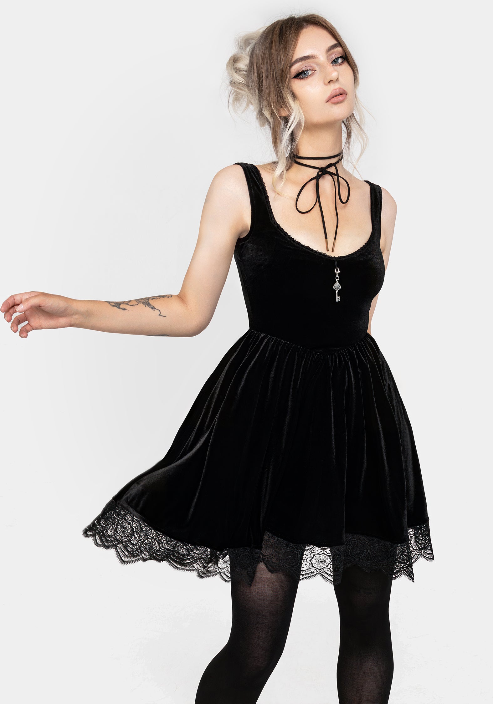 Orbweb Lace Hem Velour Mini Dress | Disturbia - Shop Women's