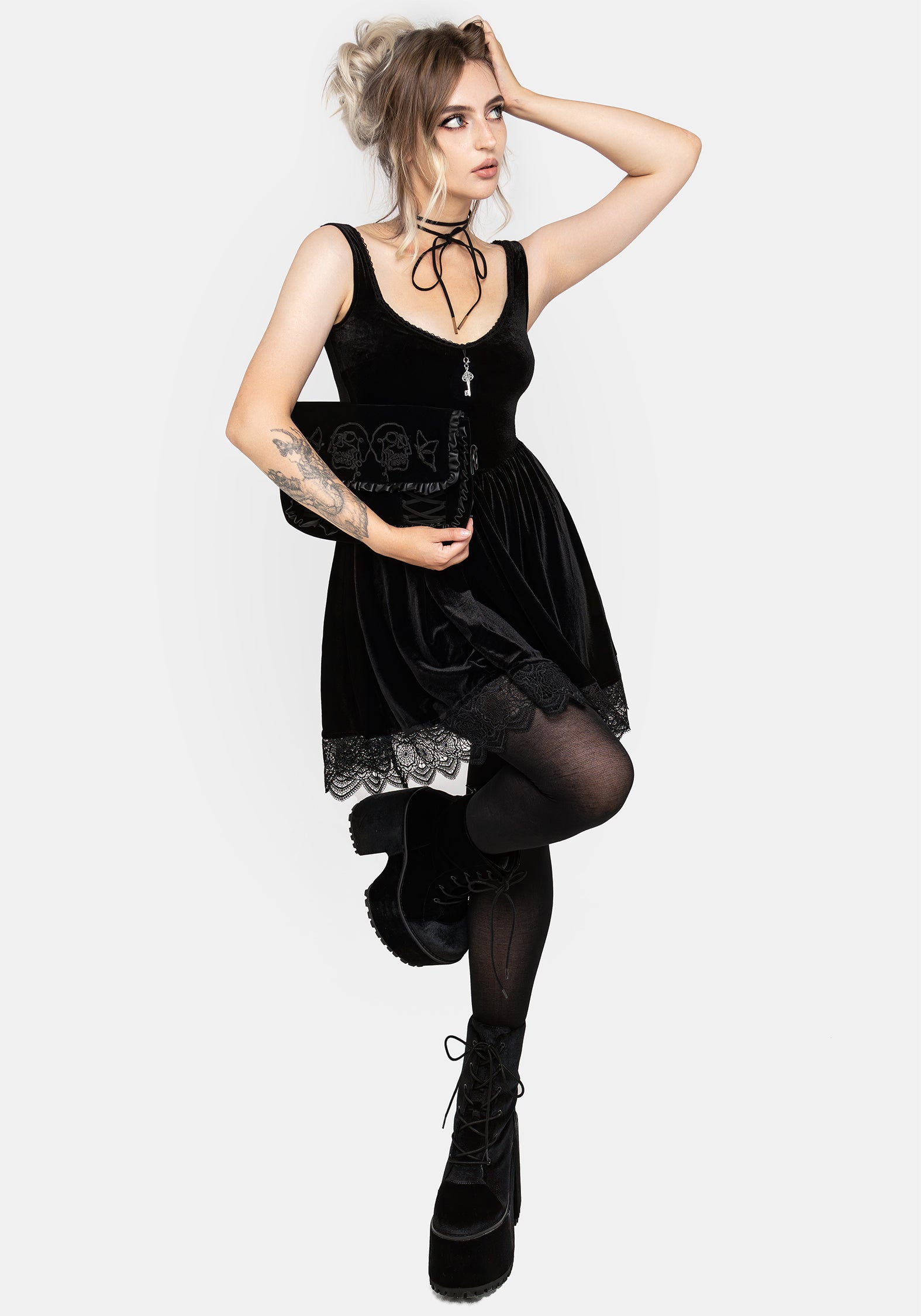Orbweb Lace Hem Velour Mini Dress | Disturbia - Shop Women's