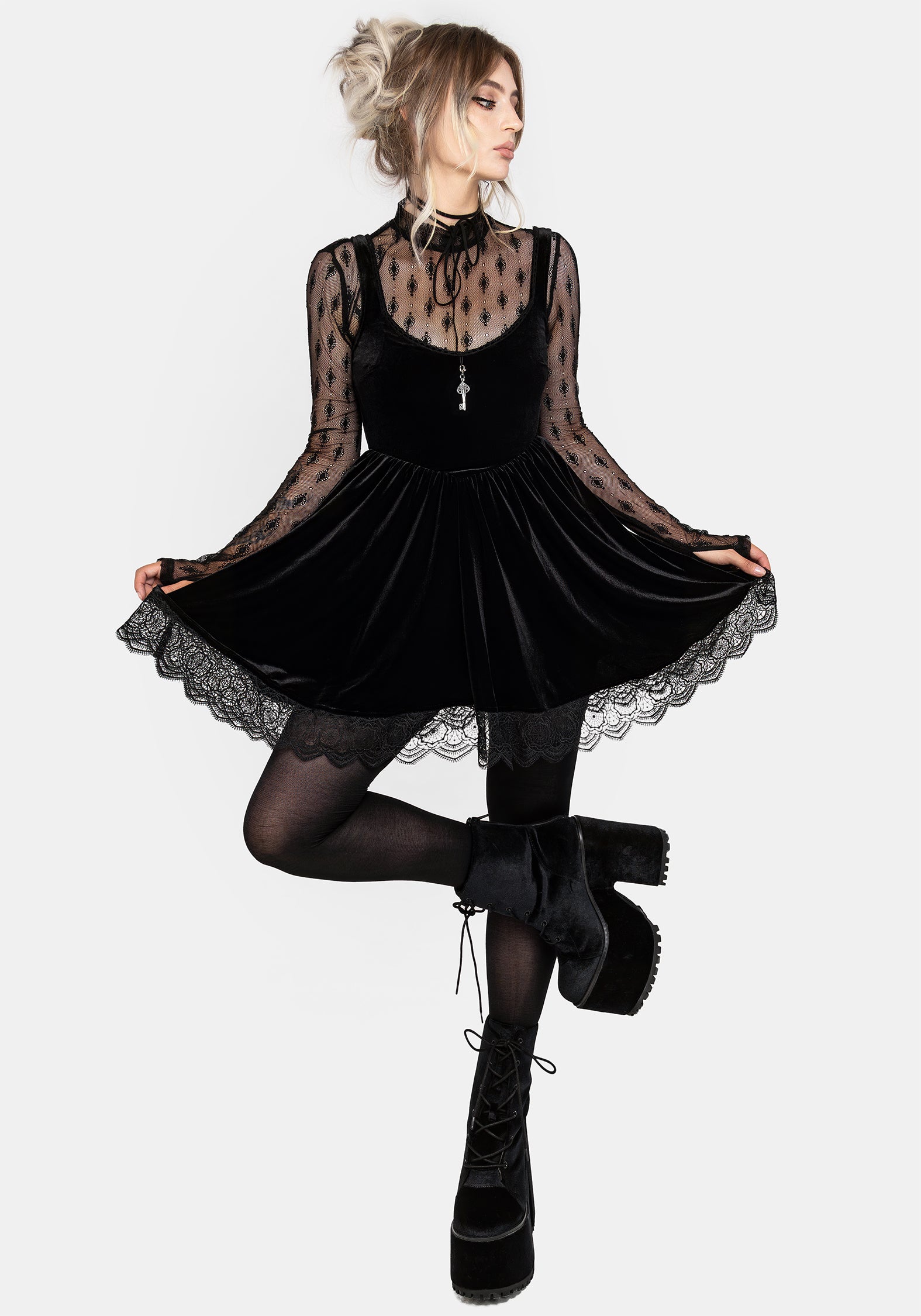 Orbweb Lace Hem Velour Mini Dress | Disturbia