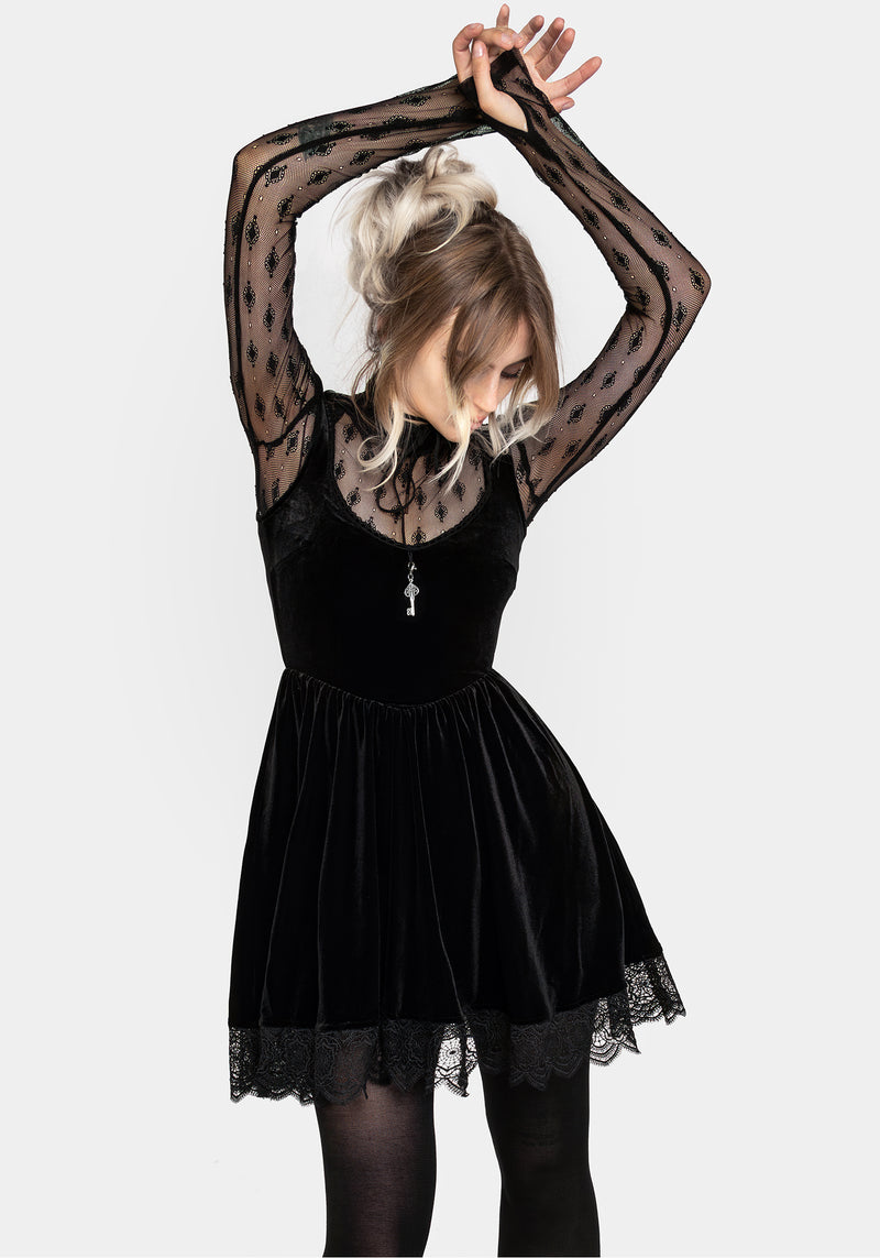 Orbweb Lace Hem Velour Mini Dress Orbweb Lace Hem Velour Mini Dress