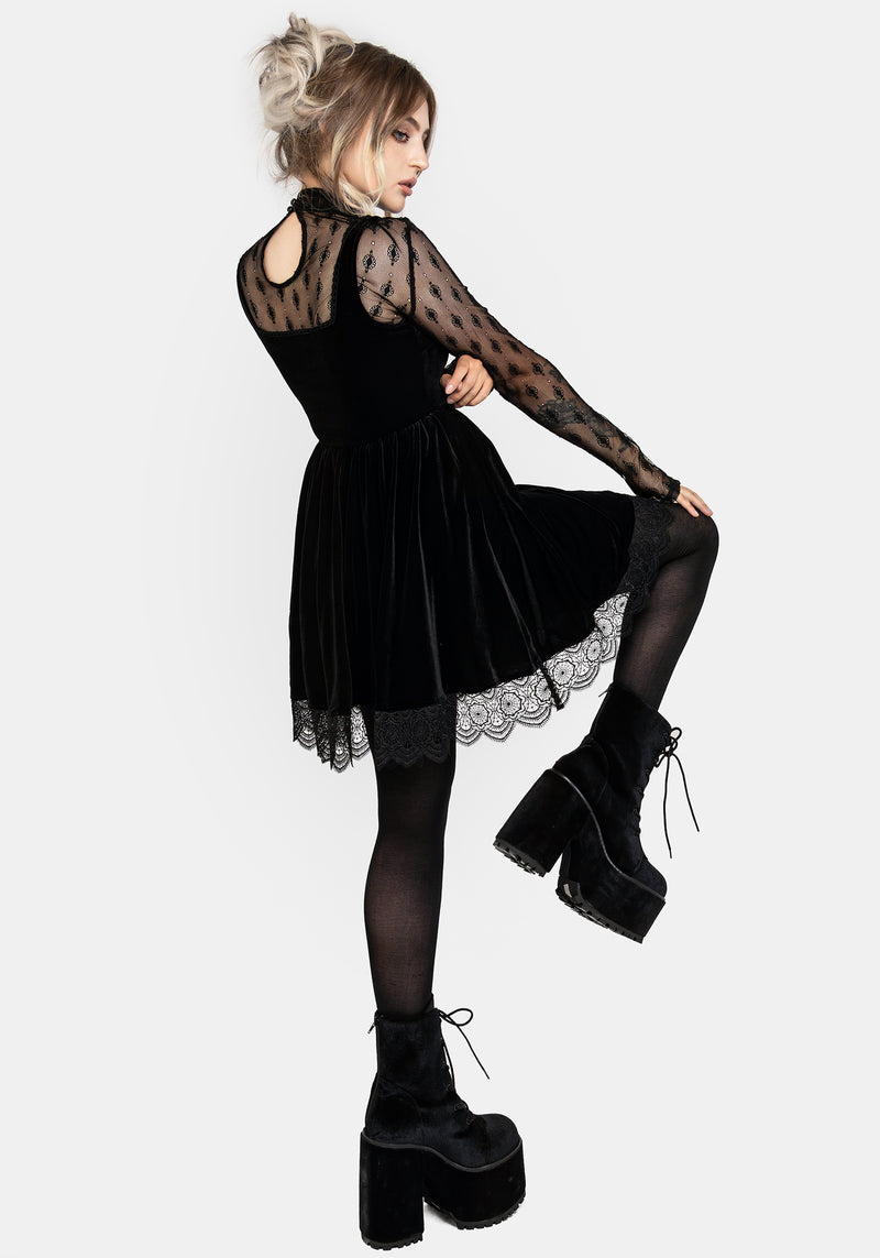 Orbweb Lace Hem Velour Mini Dress | Disturbia - Shop Women's Gothic, Alternative & Dark Romantic Fashion, Accessories & Homeware Orbweb Lace Hem Velour Mini Dress | Disturbia - Shop Women's Gothic, Alternative & Dark Romantic Fashion, Accessories & Homeware
