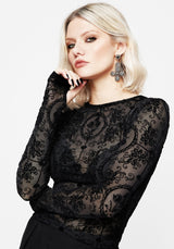 Cameo Floral Flocked Mesh Long Sleeve Top