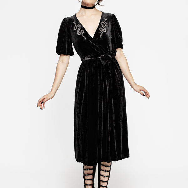 Zarina Embroidered Midi Wrap Dress - Black | Disturbia
