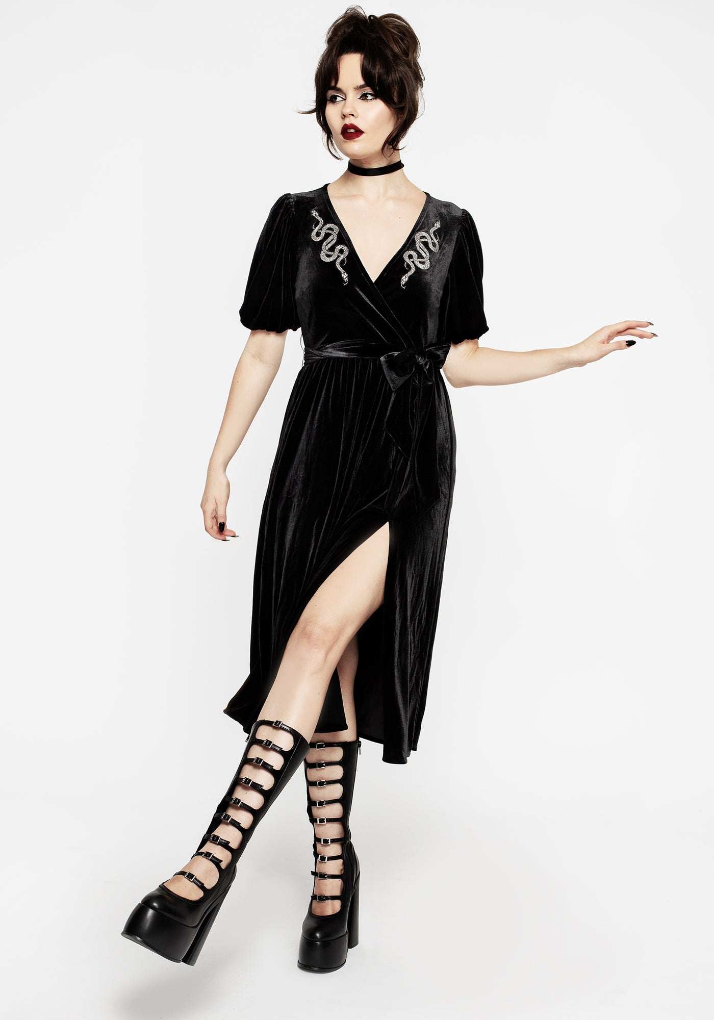Zarina Embroidered Midi Wrap Dress - Black | Disturbia