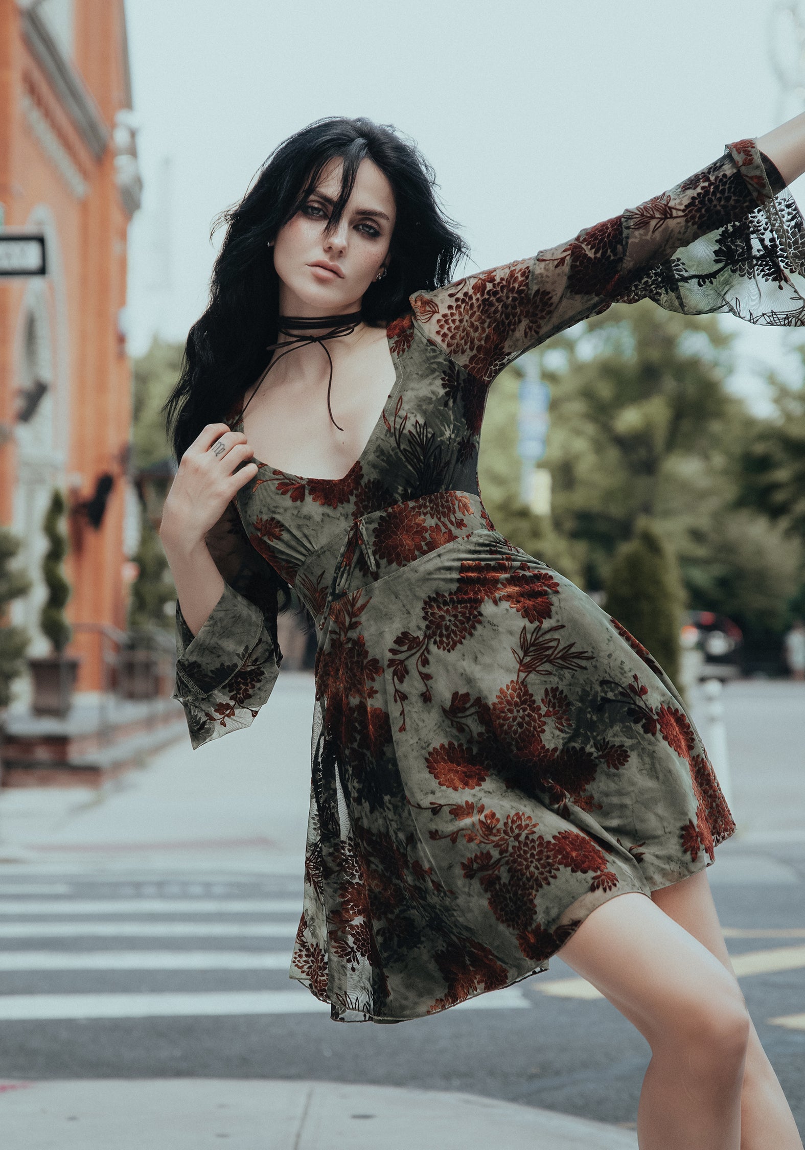 Rosaleigh Flock Velour Mesh Flare Sleeve Mini Dress | Disturbia