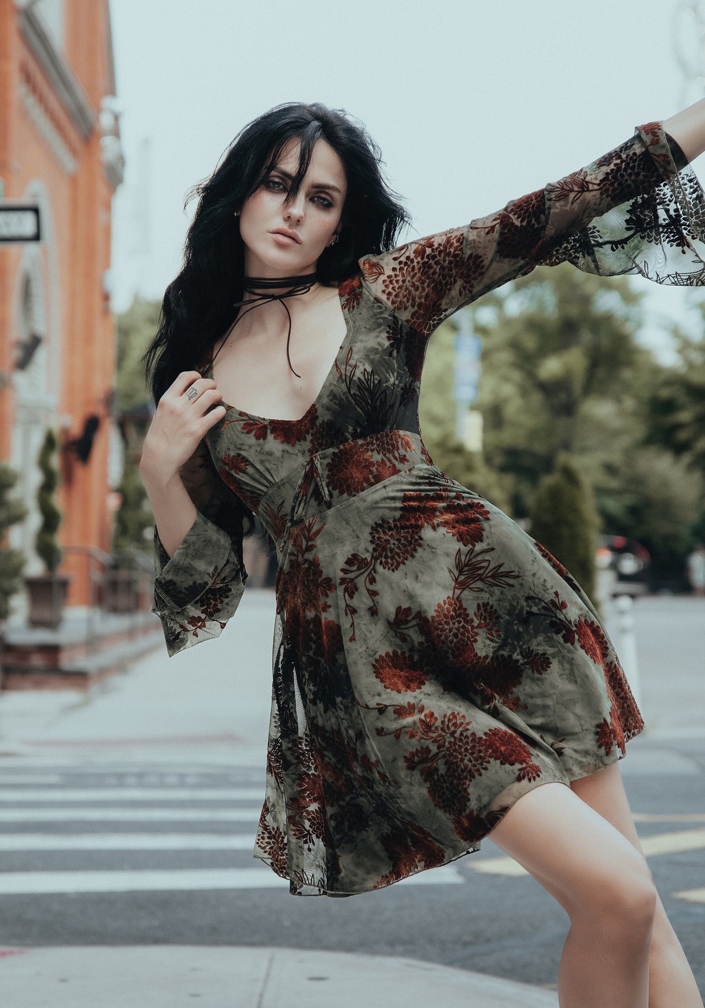 Rosaleigh Flock Velour Mesh Flare Sleeve Mini Dress | Disturbia