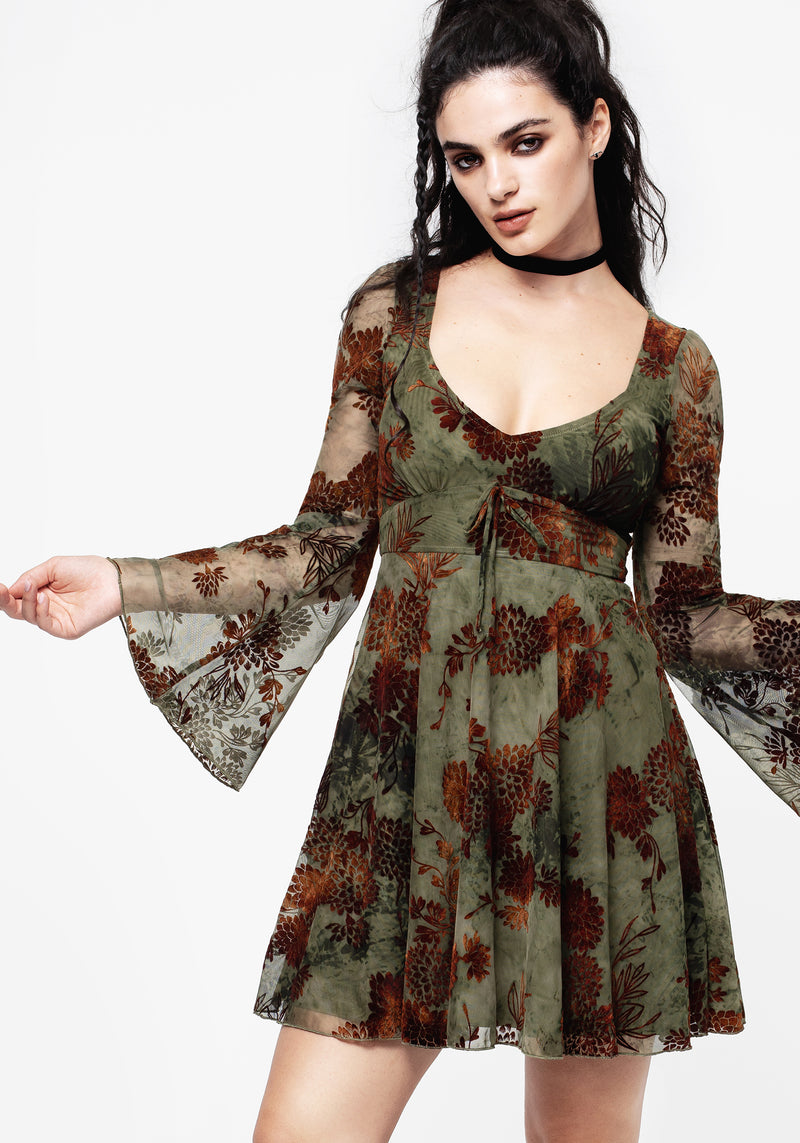 Rosaleigh Flock Velour Mesh Flare Sleeve Mini Dress Rosaleigh Flock Velour Mesh Flare Sleeve Mini Dress