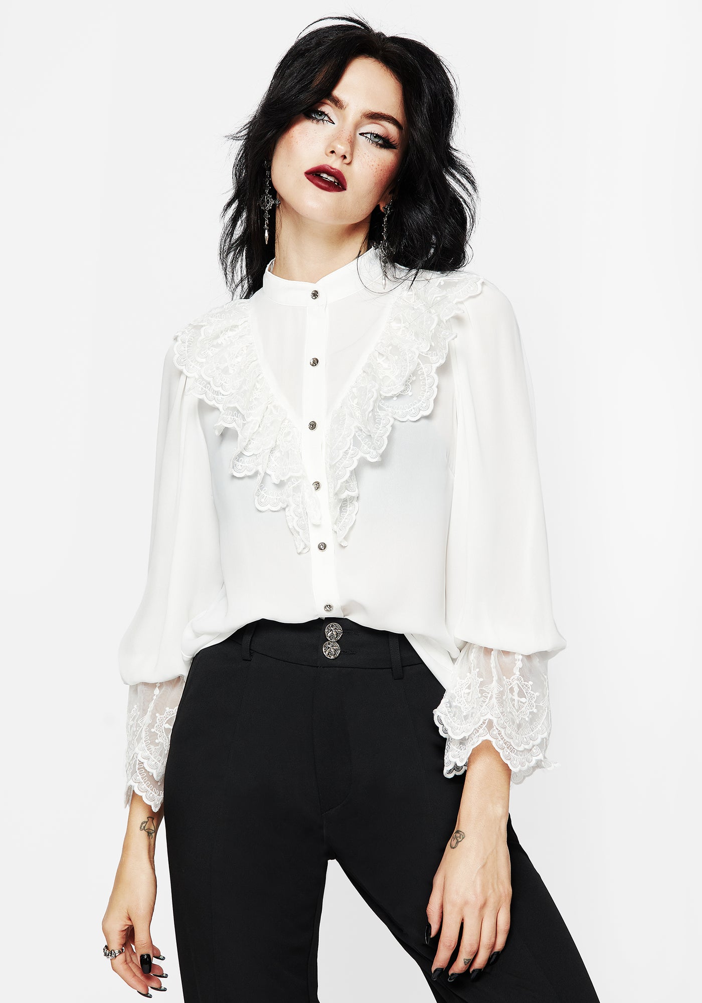 Constance Lace Frill Button Up Blouse Top Constance Lace Frill Button Up Blouse Top