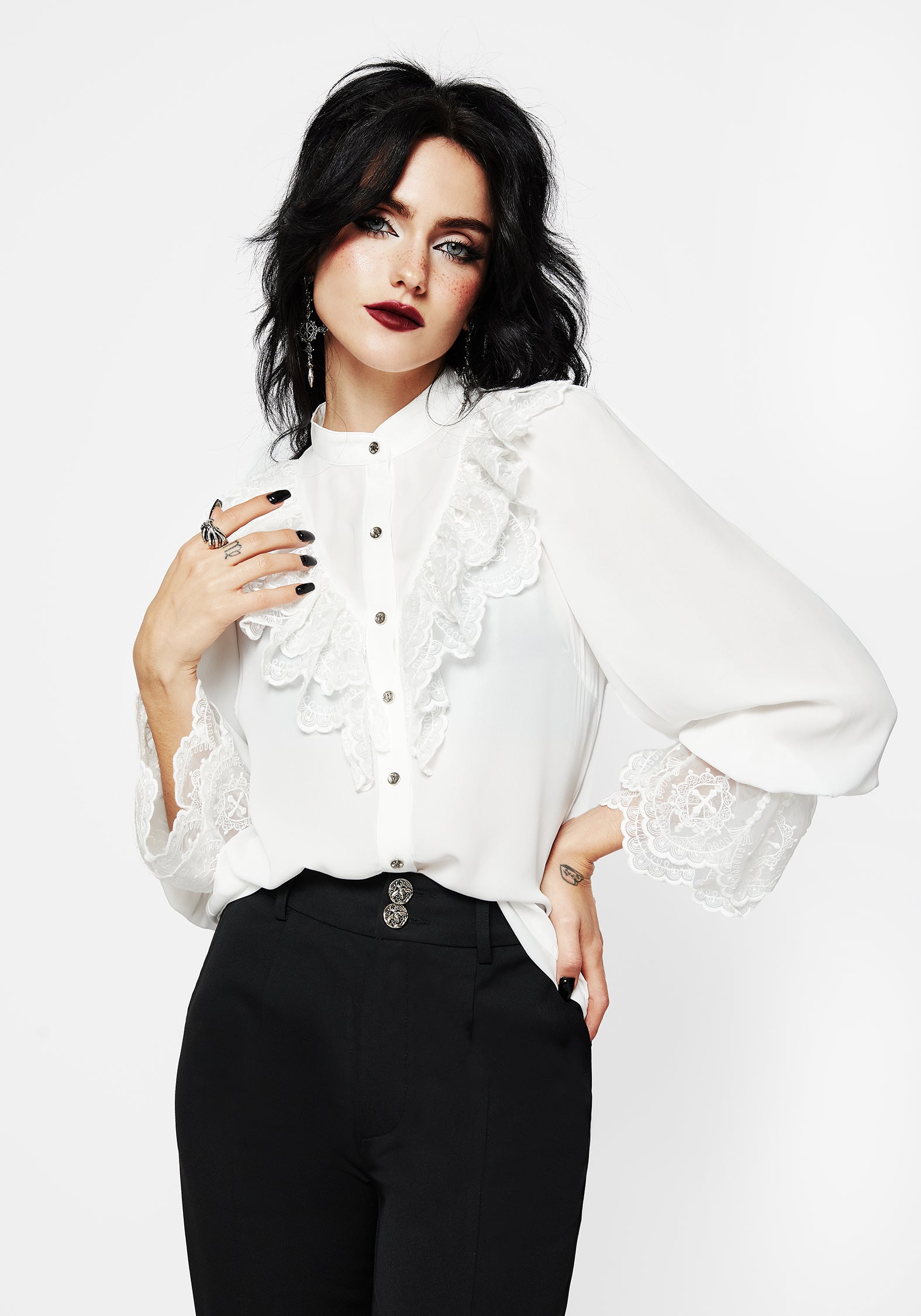 Constance Lace Frill Button Up Blouse Top | Disturbia - Shop