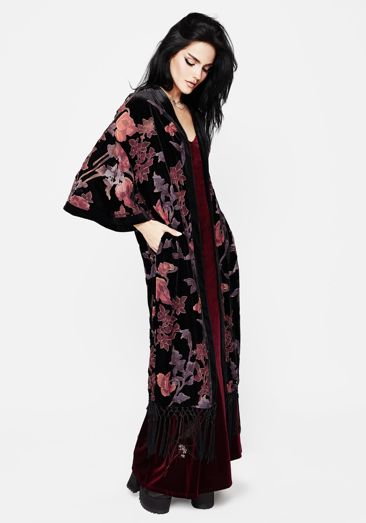 Waterlily Burnout Fringe Trim Longline Kimono | Disturbia - Shop