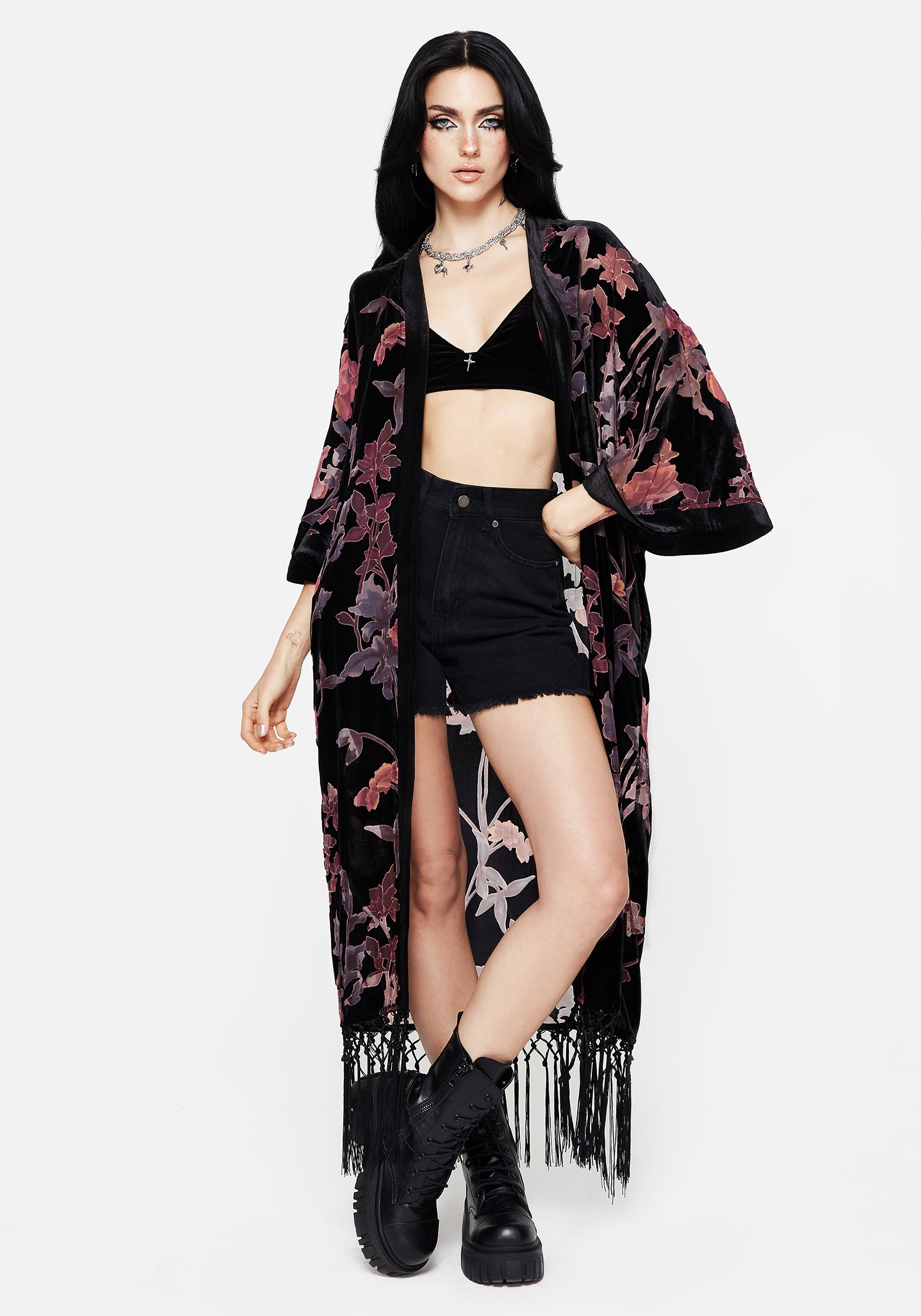 Waterlily Burnout Fringe Trim Longline Kimono | Disturbia - Shop