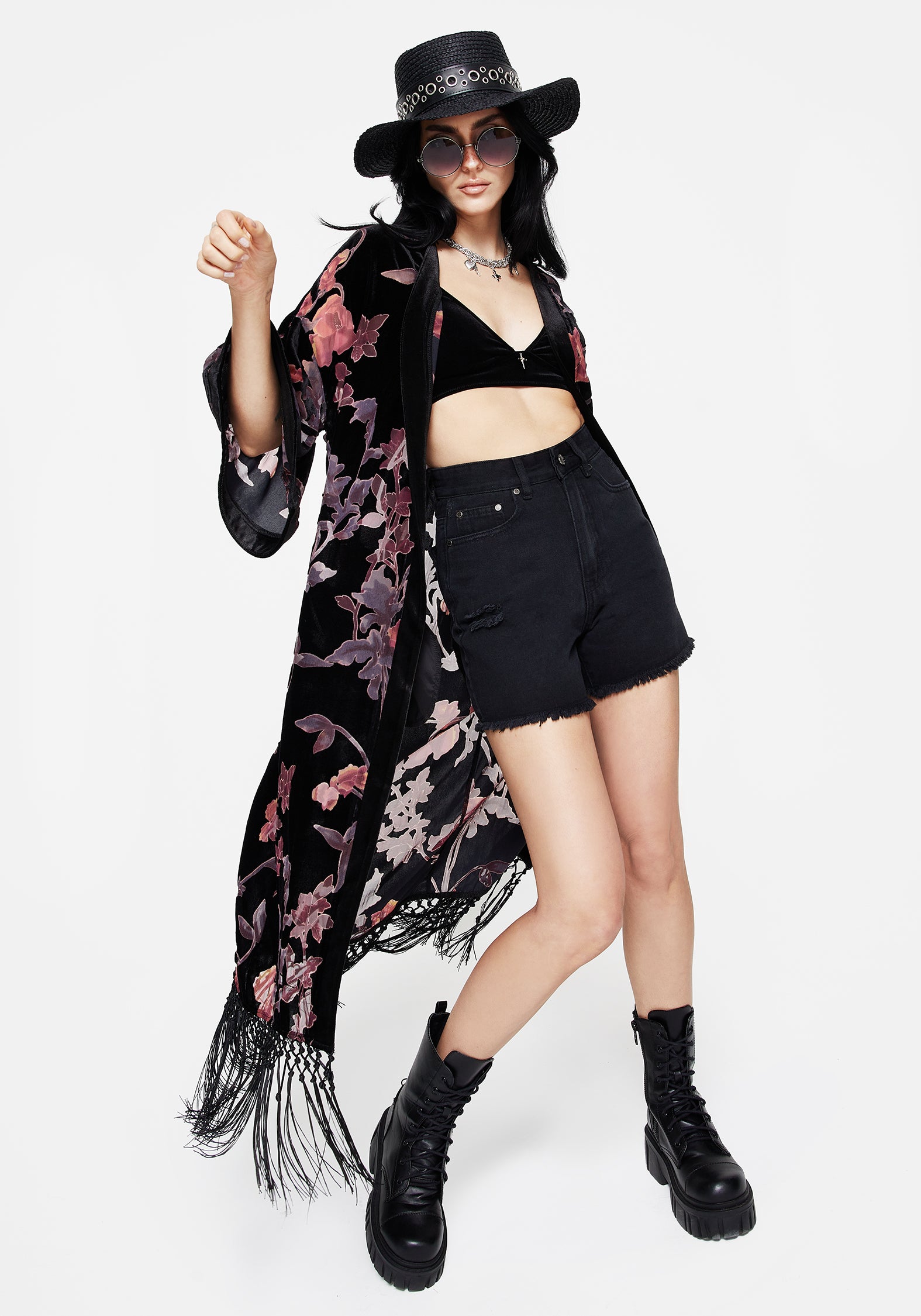 Waterlily Burnout Fringe Trim Longline Kimono | Disturbia - Shop