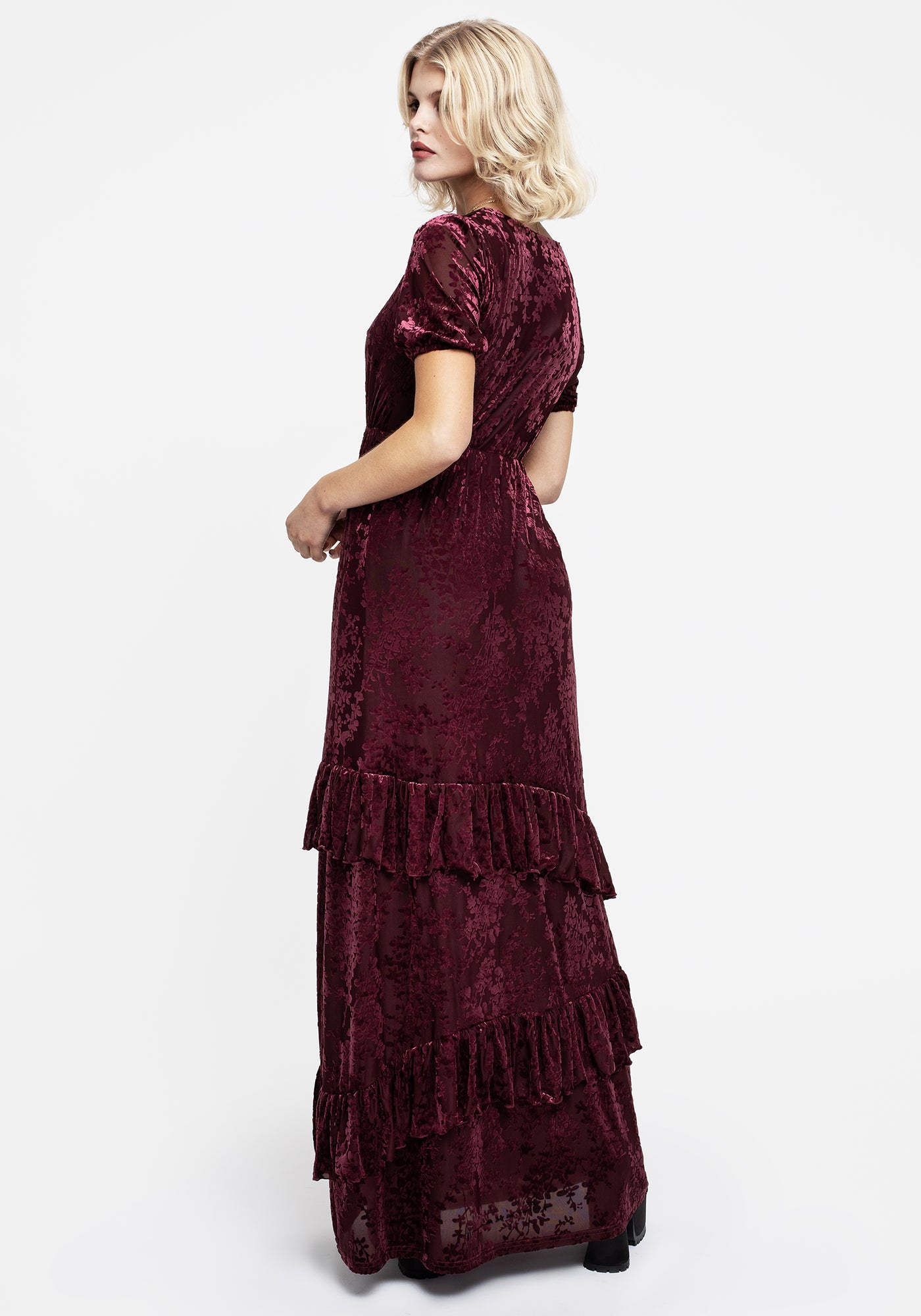 Monotropa Floral Flocked Velour Frill Midaxi Dress | Disturbia
