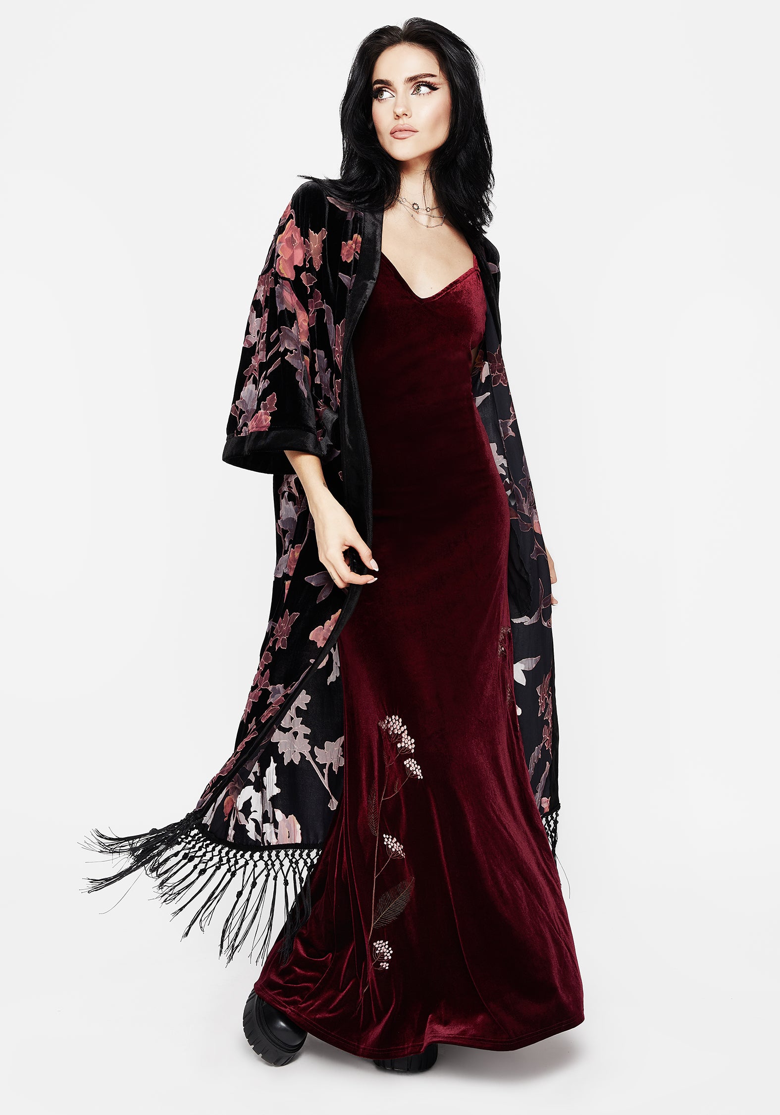 Waterlily Burnout Fringe Trim Longline Kimono | Disturbia - Shop