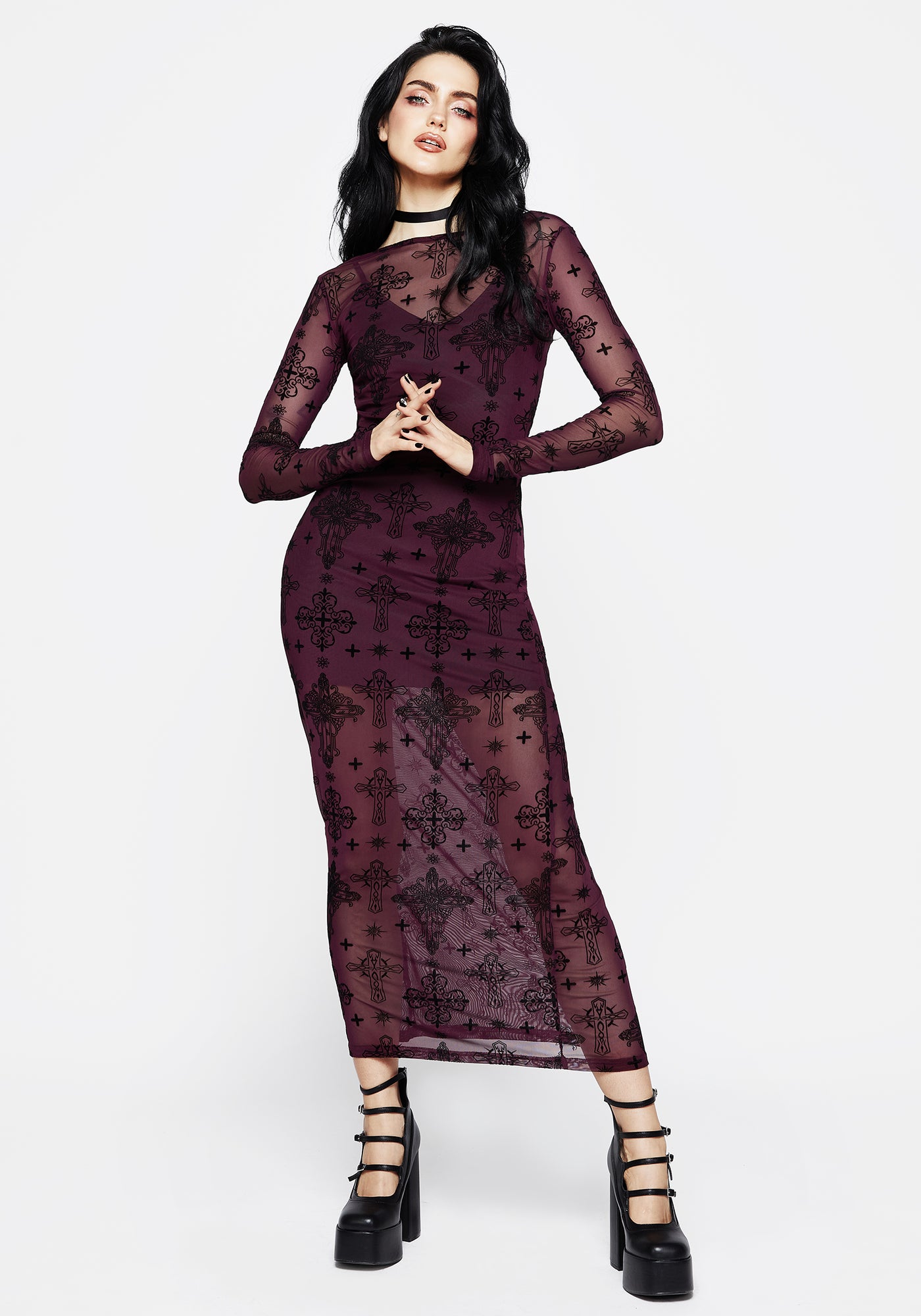 Priestess Flocked Mesh Maxi Dress - Purple | Disturbia