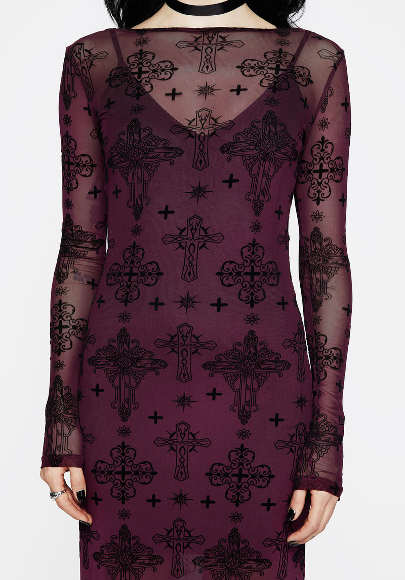 Priestess Flocked Mesh Maxi Dress - Purple | Disturbia - Shop Women's Gothic, Alternative & Dark Romantic Fashion, Accessories & Homeware Priestess Flocked Mesh Maxi Dress - Purple | Disturbia - Shop Women's Gothic, Alternative & Dark Romantic Fashion, Accessories & Homeware