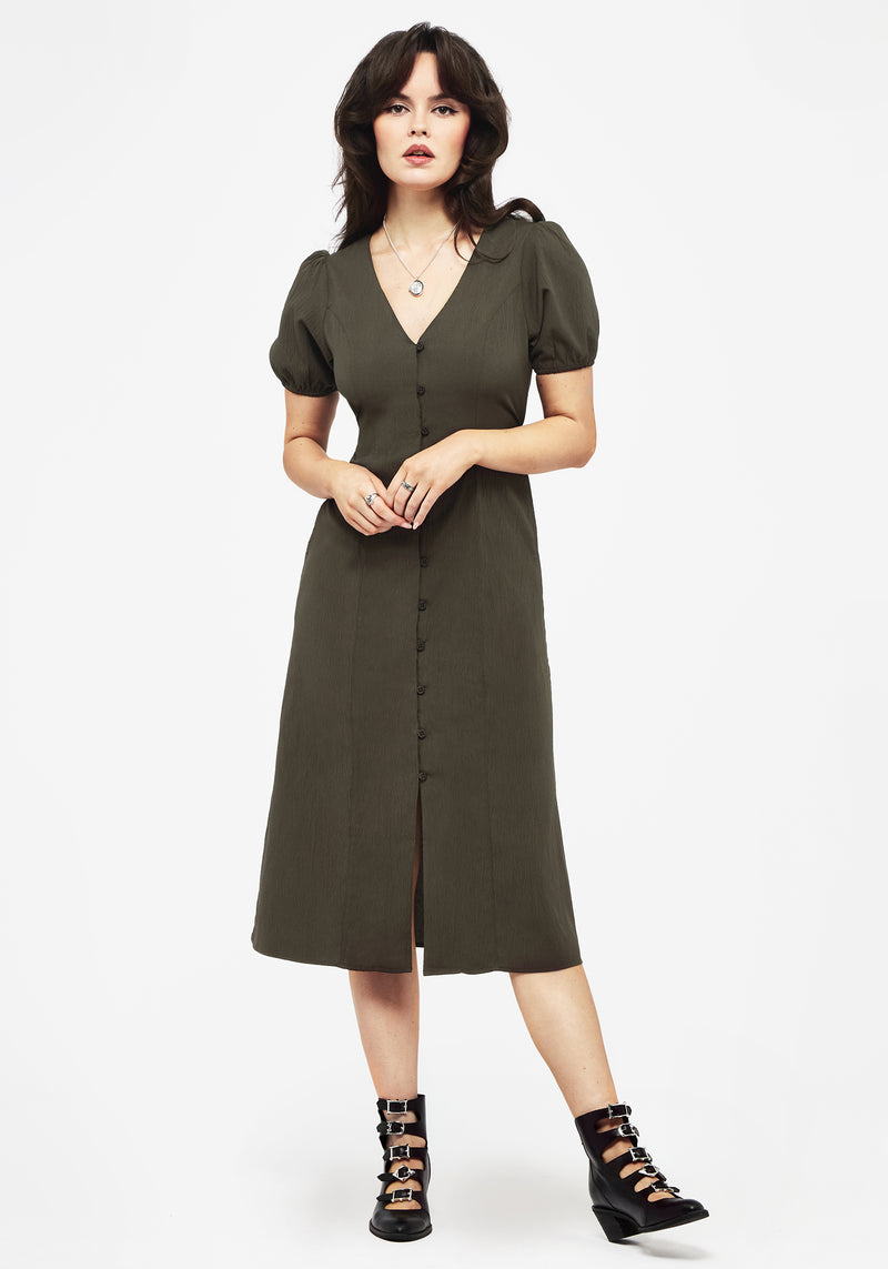 Rosette Button Up Midi Dress | Disturbia - Shop Women's Gothic, Alternative & Dark Romantic Fashion, Accessories & Homeware Rosette Button Up Midi Dress | Disturbia - Shop Women's Gothic, Alternative & Dark Romantic Fashion, Accessories & Homeware