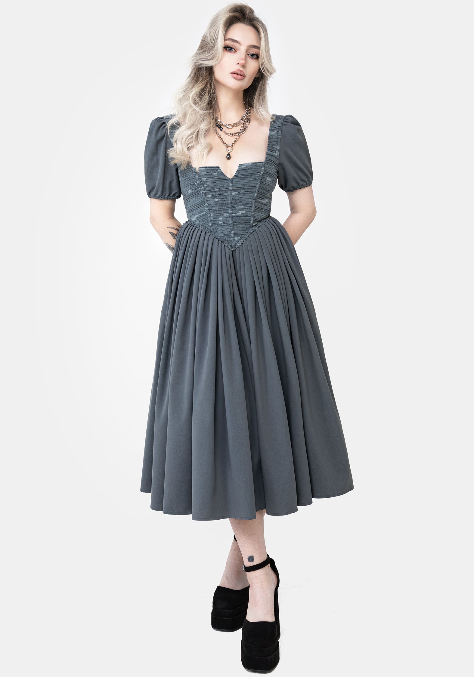 Slain Puff Sleeve Corset Midi Dress | Disturbia