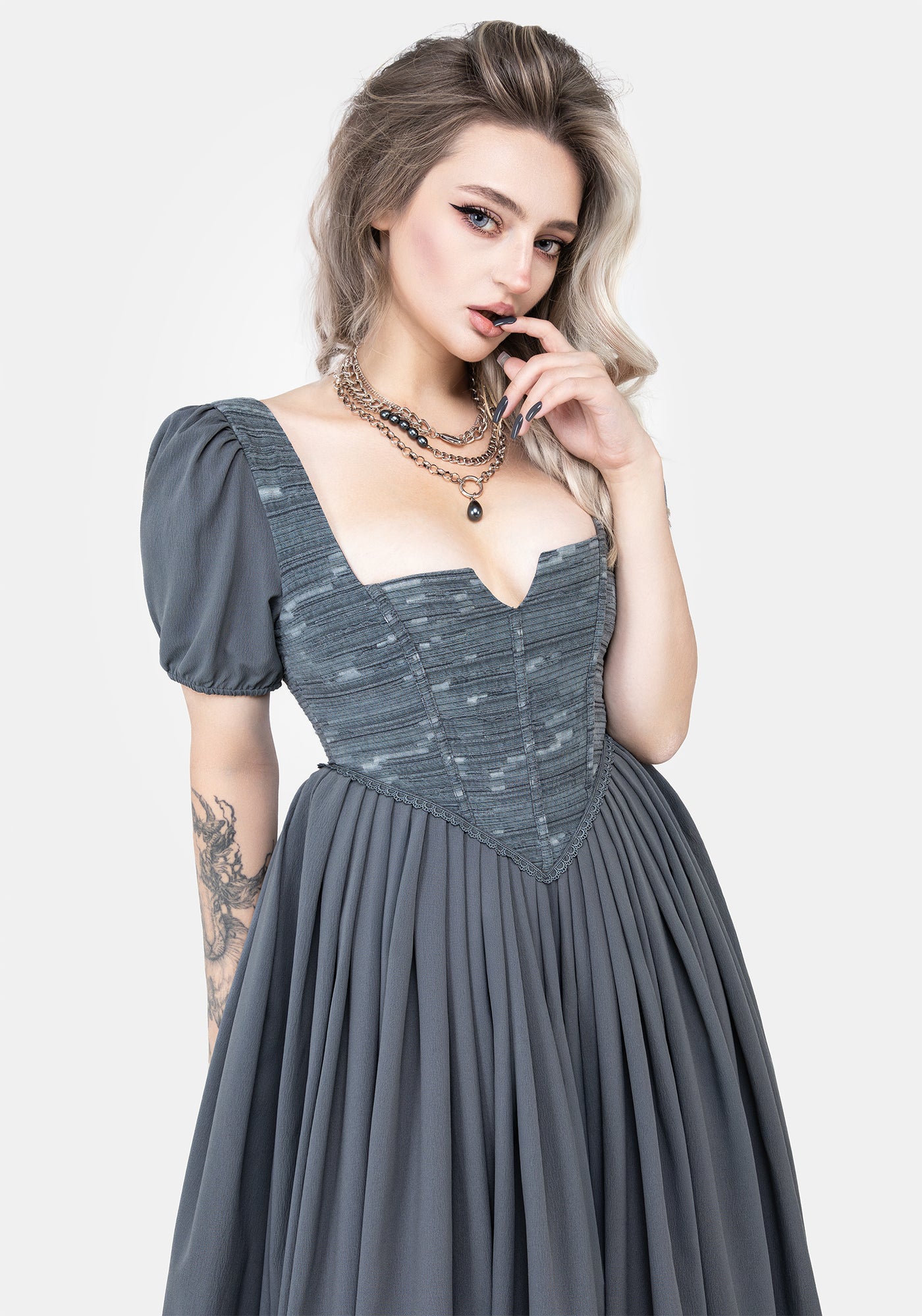 Slain Puff Sleeve Corset Midi Dress | Disturbia - Shop Women's Gothic, Alternative & Dark Romantic Fashion, Accessories & Homeware Slain Puff Sleeve Corset Midi Dress | Disturbia - Shop Women's Gothic, Alternative & Dark Romantic Fashion, Accessories & Homeware