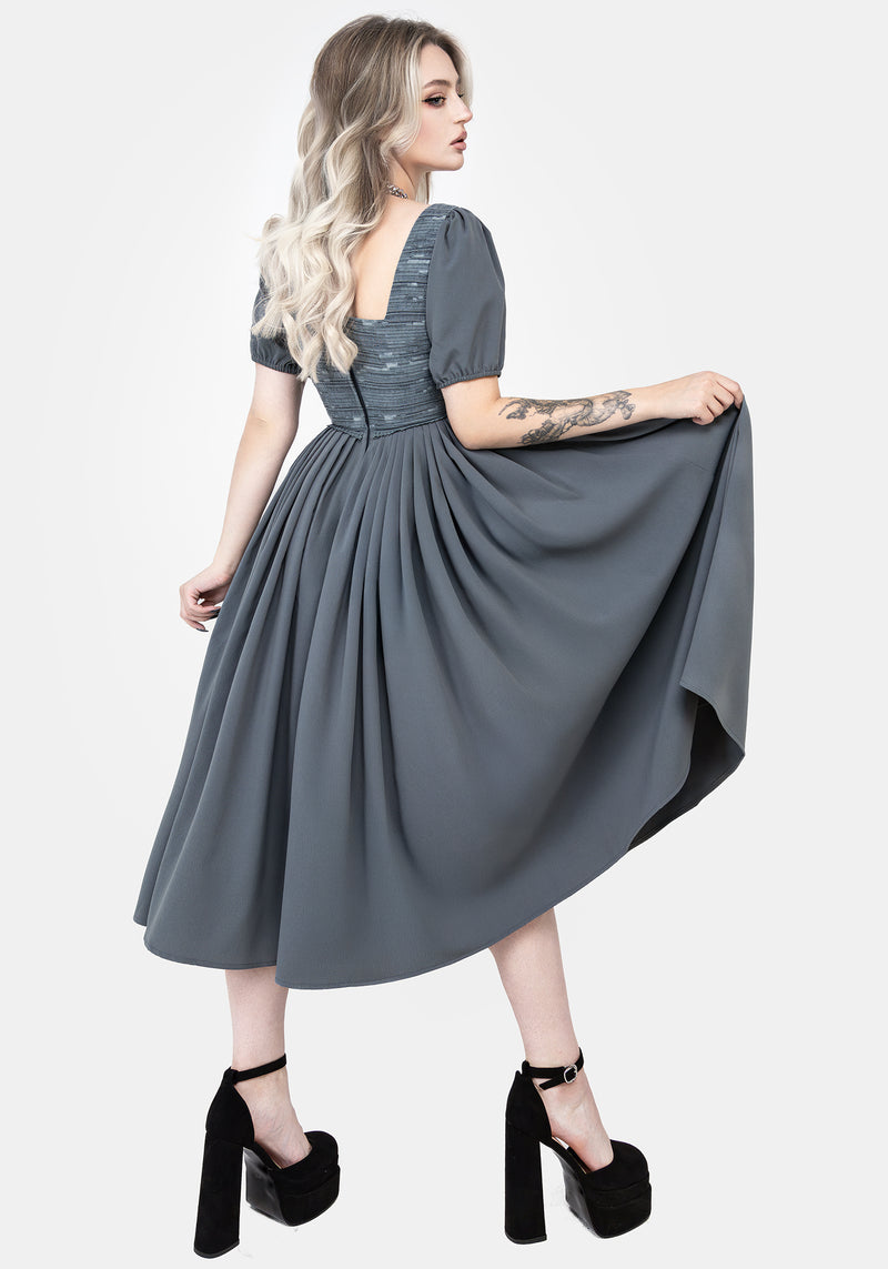 Slain Puff Sleeve Corset Midi Dress | Disturbia - Shop Women's Gothic, Alternative & Dark Romantic Fashion, Accessories & Homeware Slain Puff Sleeve Corset Midi Dress | Disturbia - Shop Women's Gothic, Alternative & Dark Romantic Fashion, Accessories & Homeware