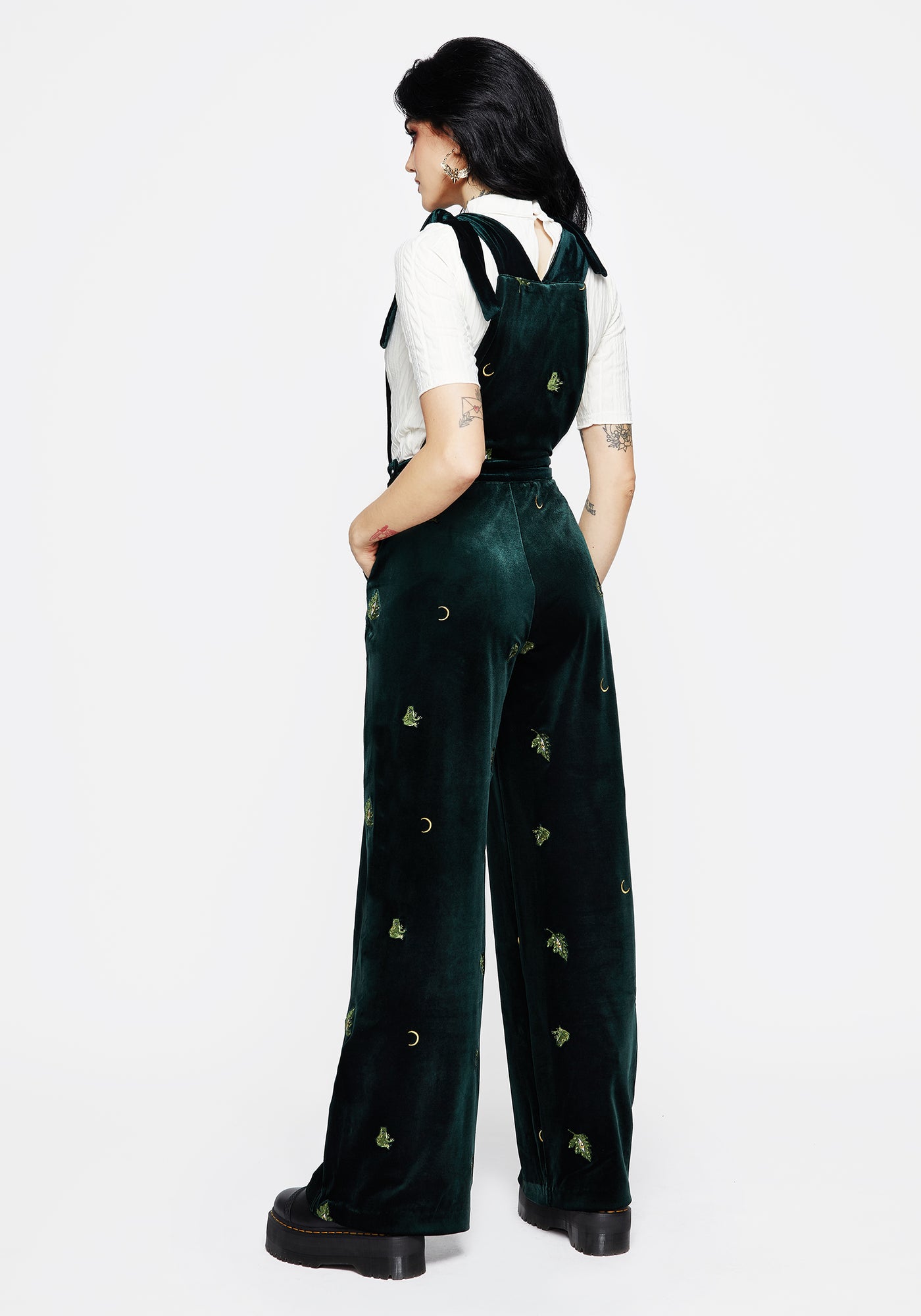 Swamplife Frog Embroidered Velour Wide Leg Dungarees | Disturbia