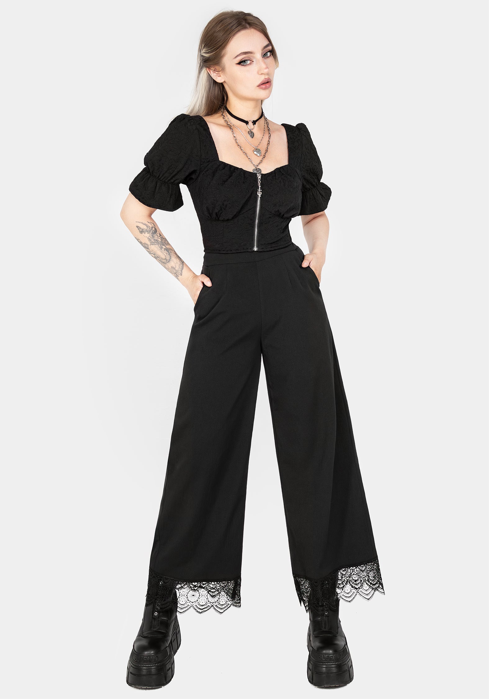 新品 EAPHI SWITCHING LACE HEM BUTTON PANTS Araneo Lace Hem Wide Leg Trousers | Disturbia - Shop Women's
