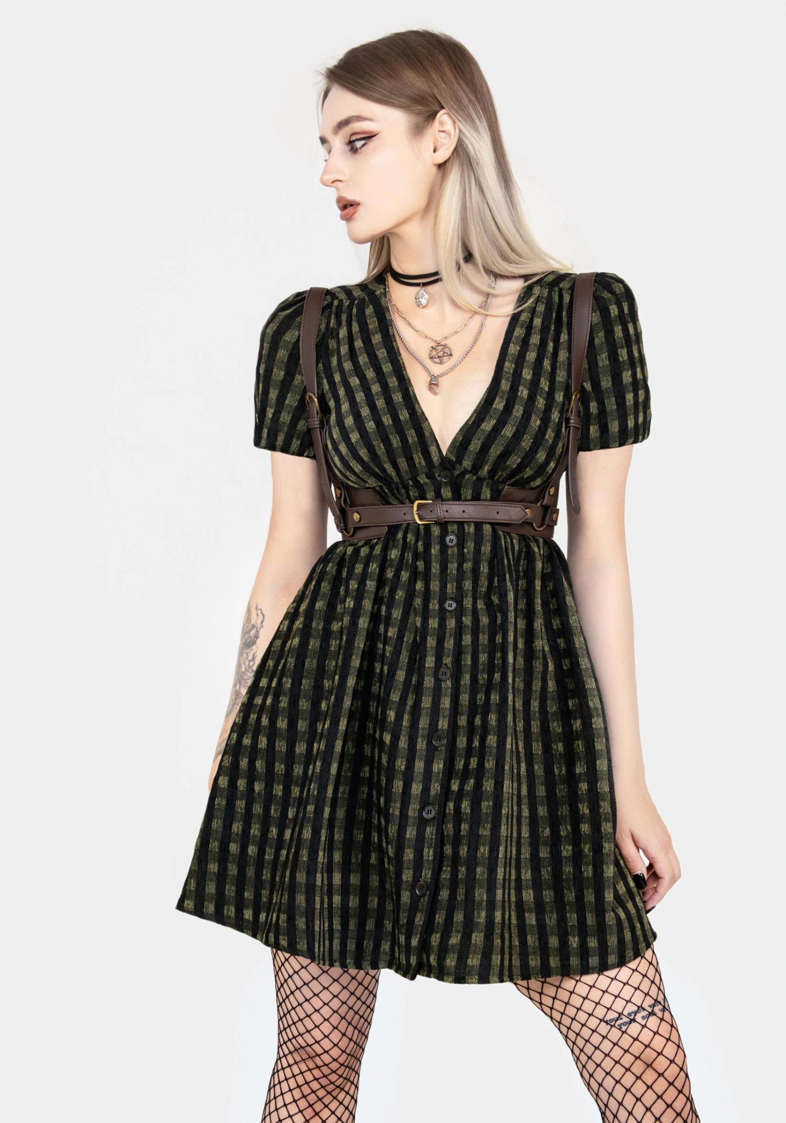 Rydal Check Button Up Mini Dress - Green | Disturbia - Shop