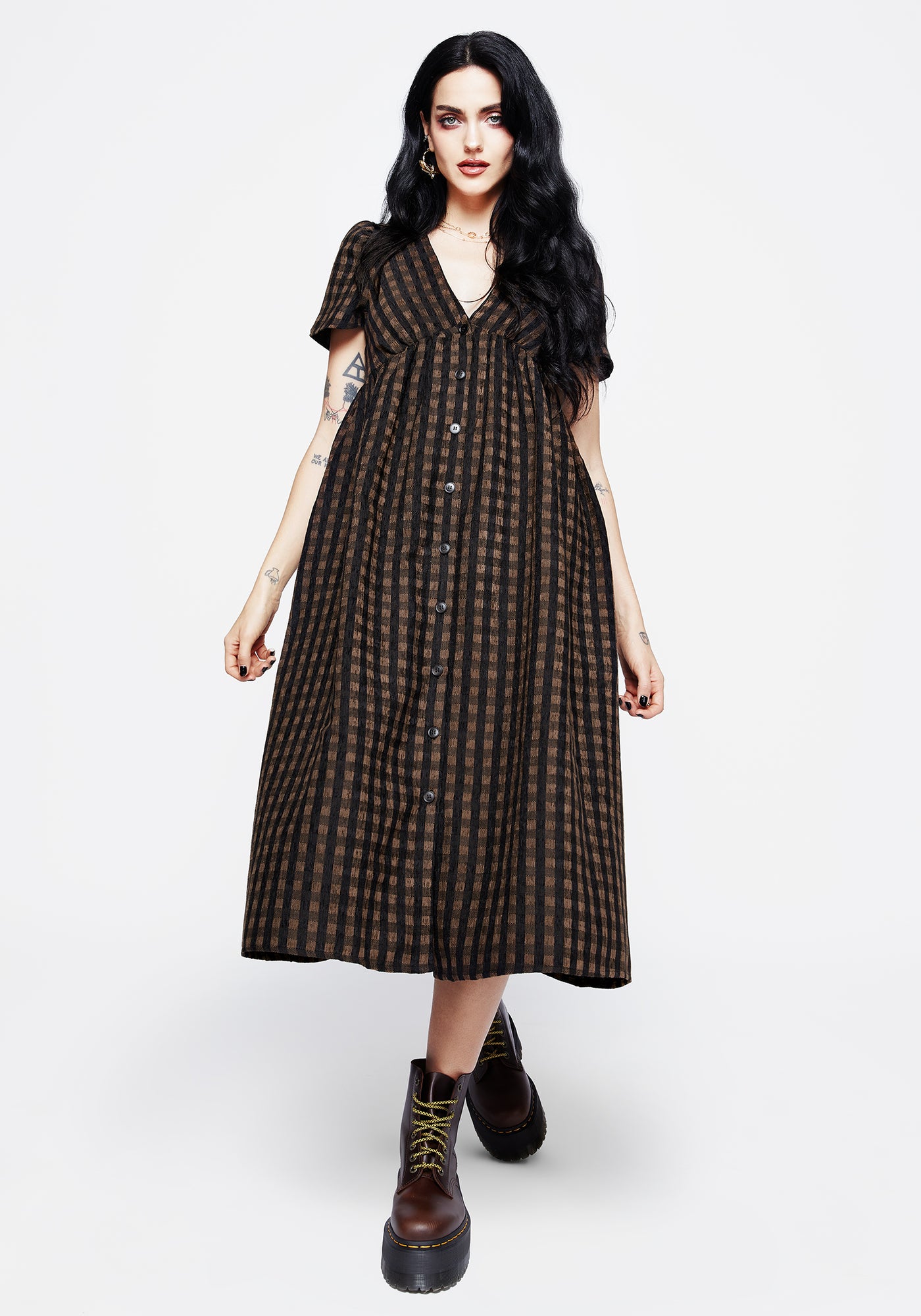 Rydal Check Button Up Midi Dress - Brown | Disturbia - Shop Women's Gothic, Alternative & Dark Romantic Fashion, Accessories & Homeware Rydal Check Button Up Midi Dress - Brown | Disturbia - Shop Women's Gothic, Alternative & Dark Romantic Fashion, Accessories & Homeware