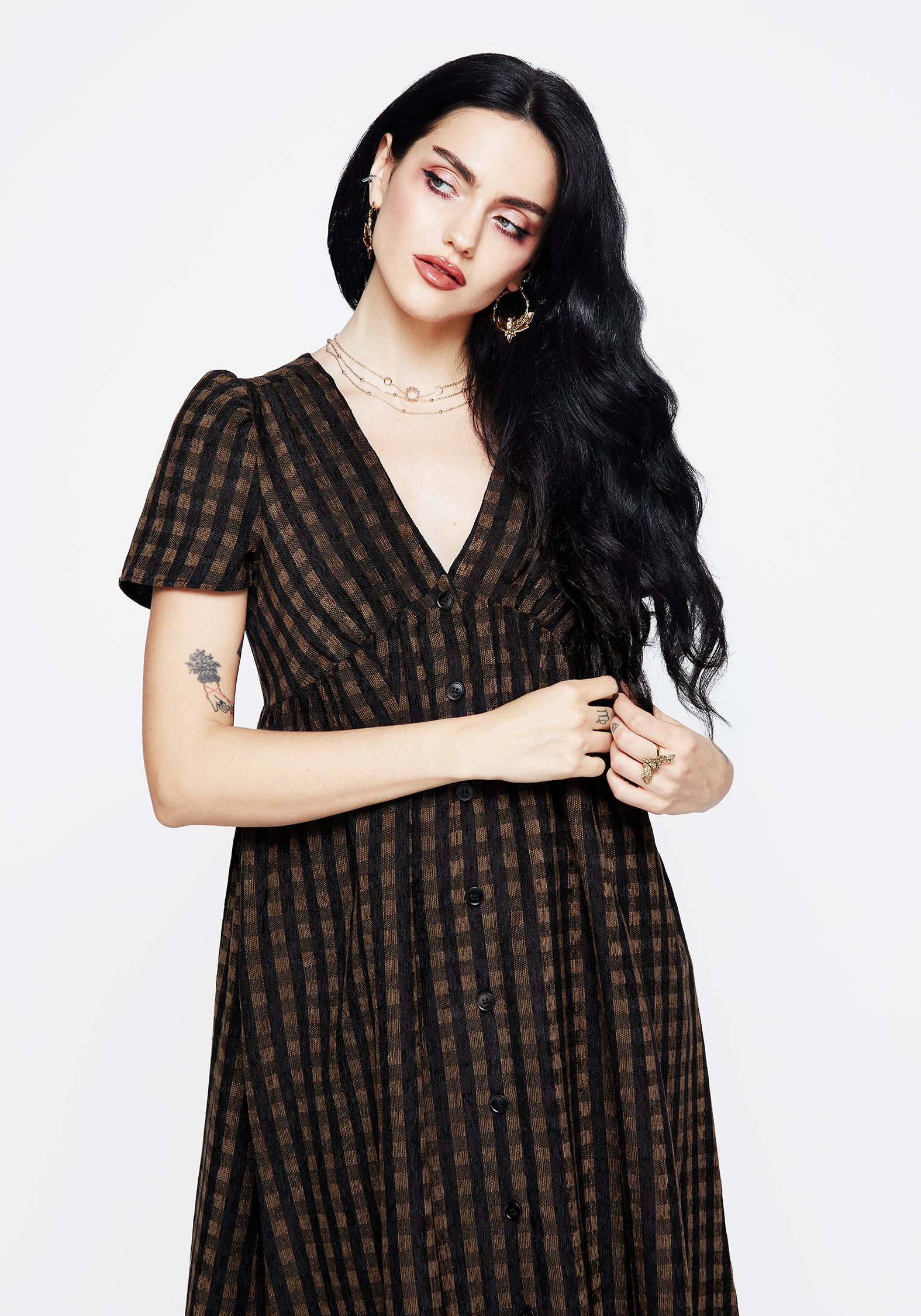 black and brown midi dress Helira | Brown Asymmetric Midi Dress With Draping Detailing and Open-Back