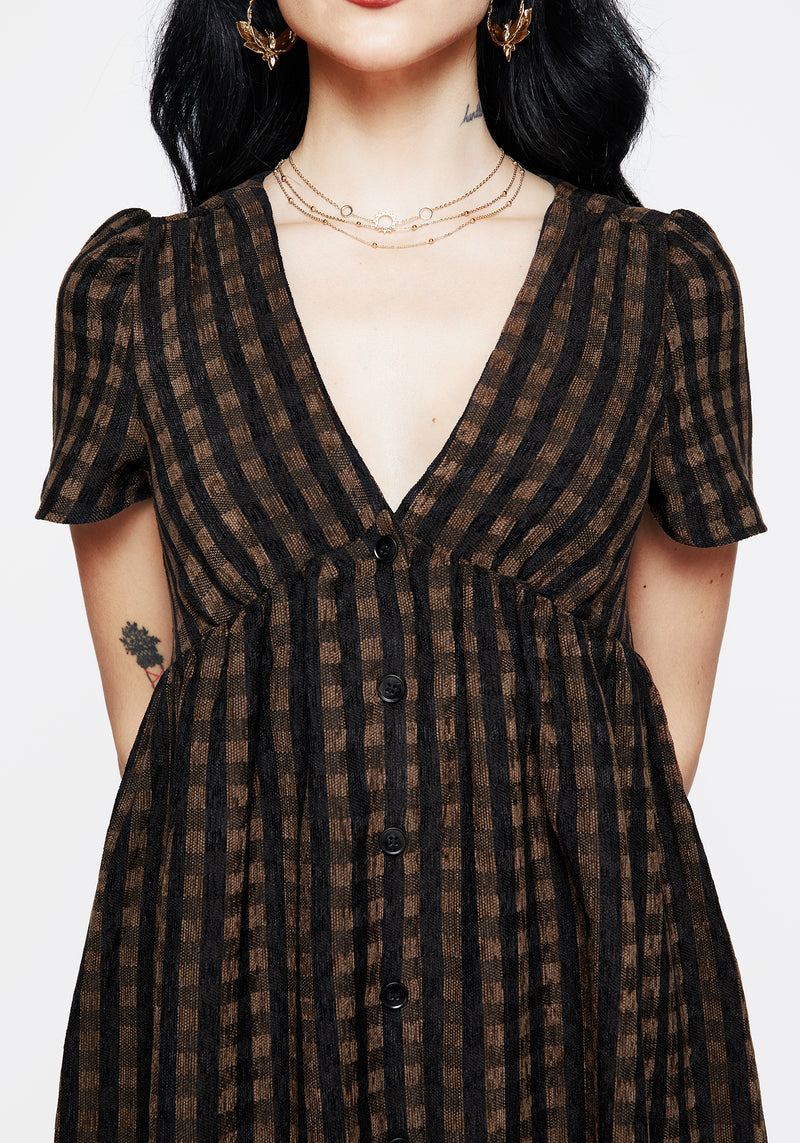 Rydal Check Button Up Midi Dress - Brown | Disturbia - Shop Women's Gothic, Alternative & Dark Romantic Fashion, Accessories & Homeware Rydal Check Button Up Midi Dress - Brown | Disturbia - Shop Women's Gothic, Alternative & Dark Romantic Fashion, Accessories & Homeware