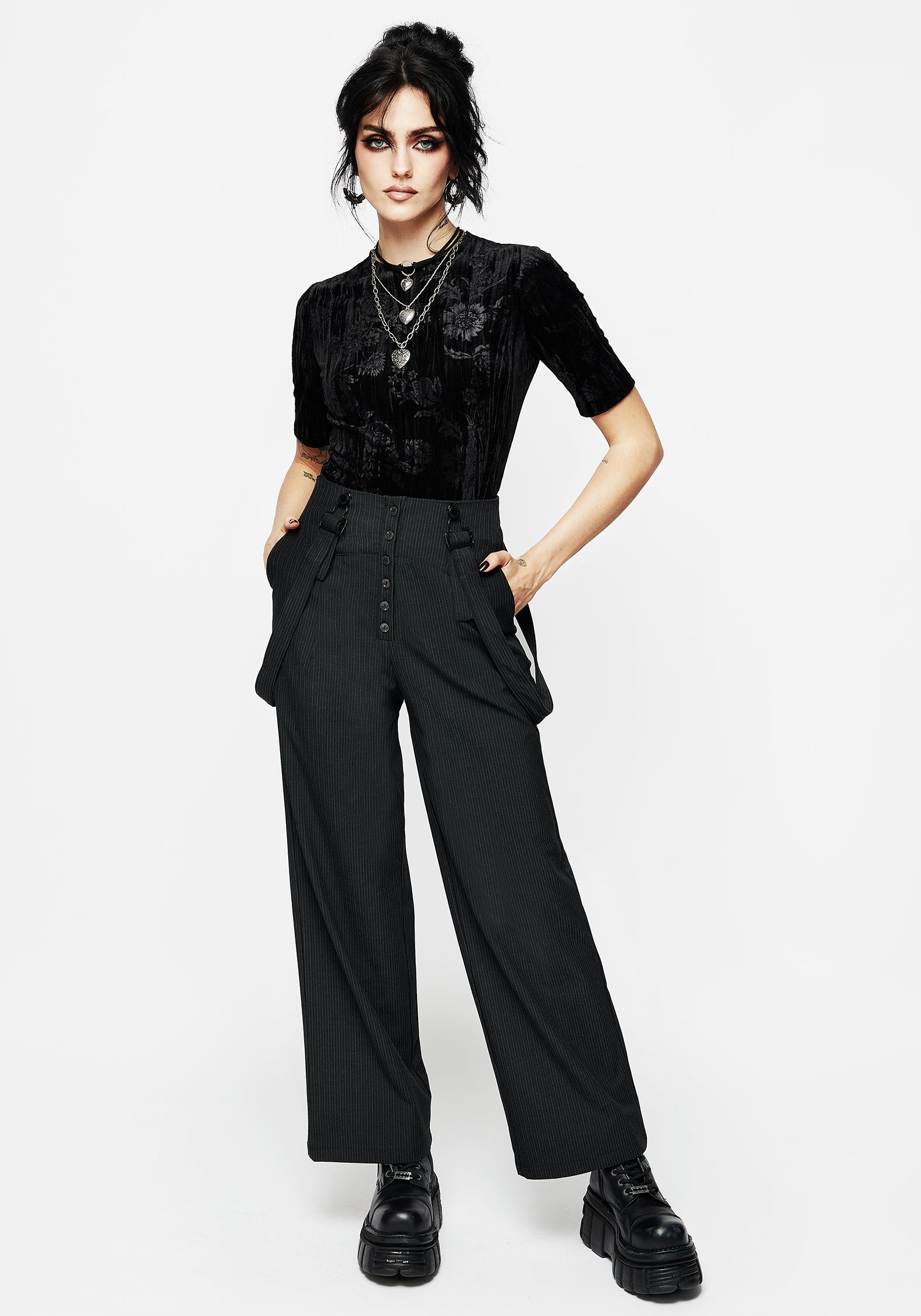 Tilda High Waist Wide Leg Pinstripe Suspender Trousers | Disturbia
