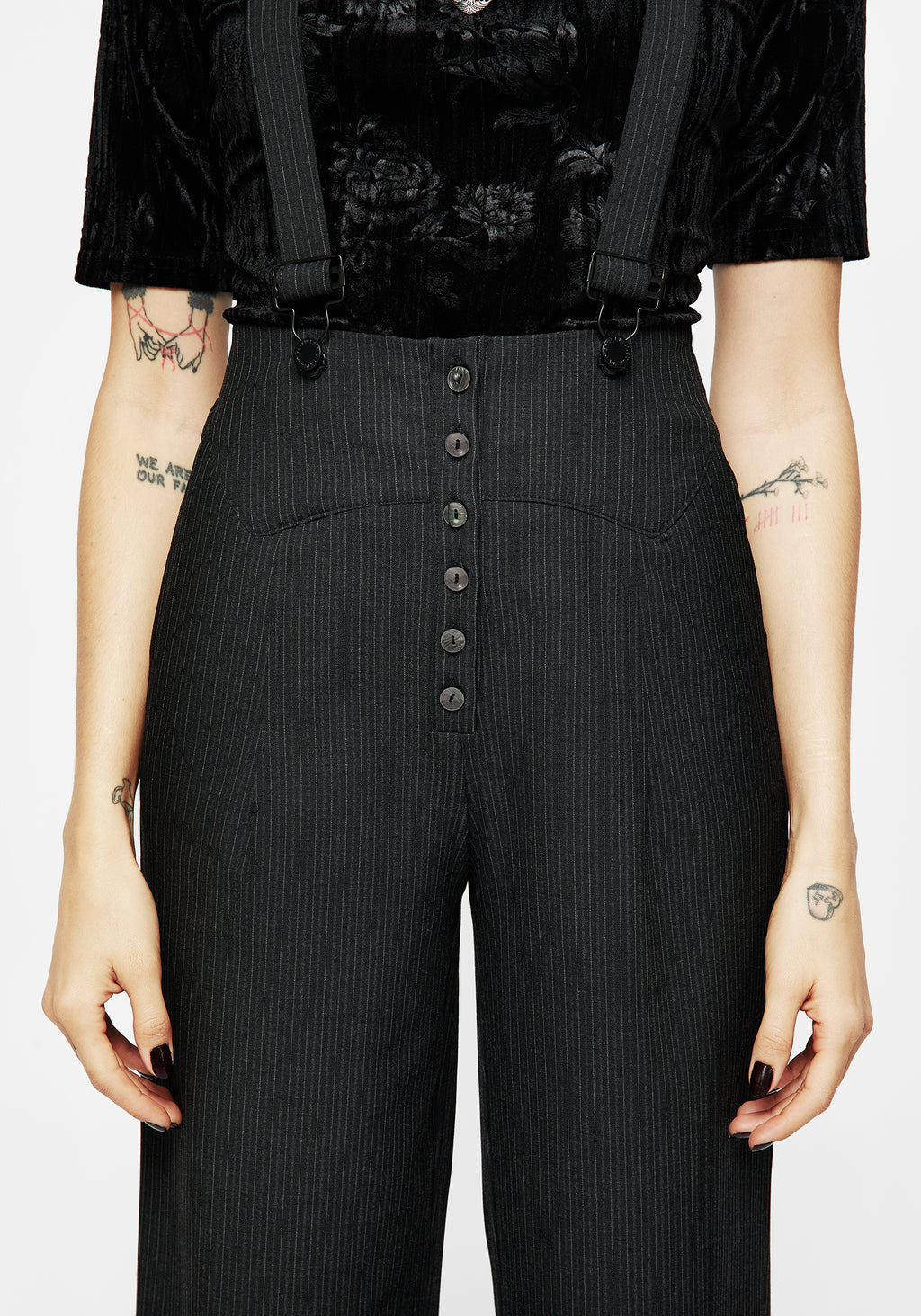 Tilda High Waist Wide Leg Pinstripe Suspender Trousers Disturbia Tilda High Waist Wide Leg Pinstripe Suspender Trousers Disturbia