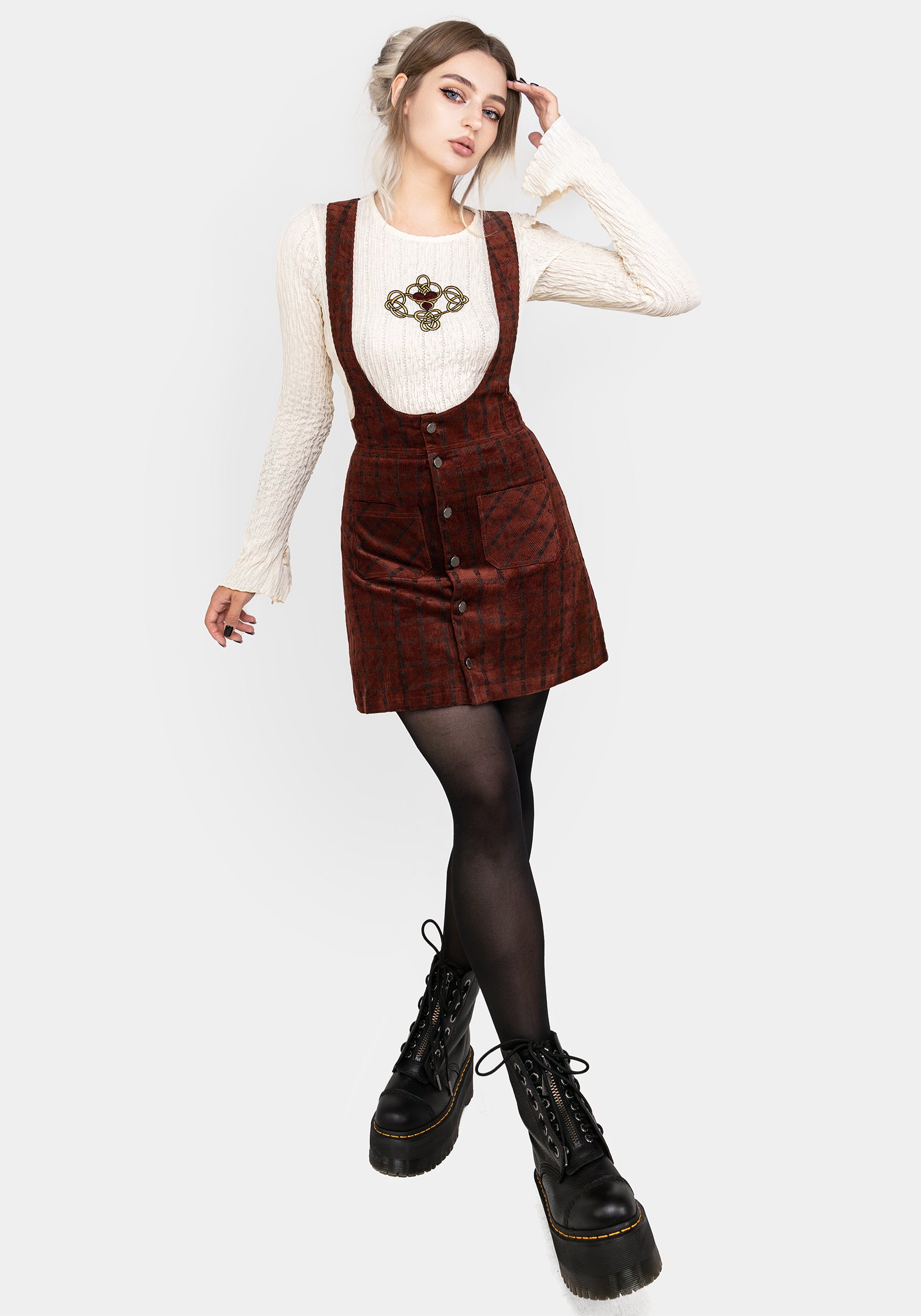 Terracotta Check Cord Mini Pinafore Skirt | Disturbia - Shop