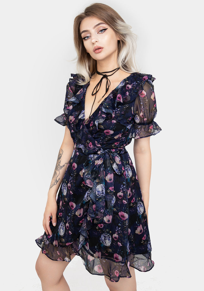 Socordia Floral Moon Chiffon Frill Wrap Mini Dress | Disturbia - Shop Women's Gothic, Alternative & Dark Romantic Fashion, Accessories & Homeware Socordia Floral Moon Chiffon Frill Wrap Mini Dress | Disturbia - Shop Women's Gothic, Alternative & Dark Romantic Fashion, Accessories & Homeware